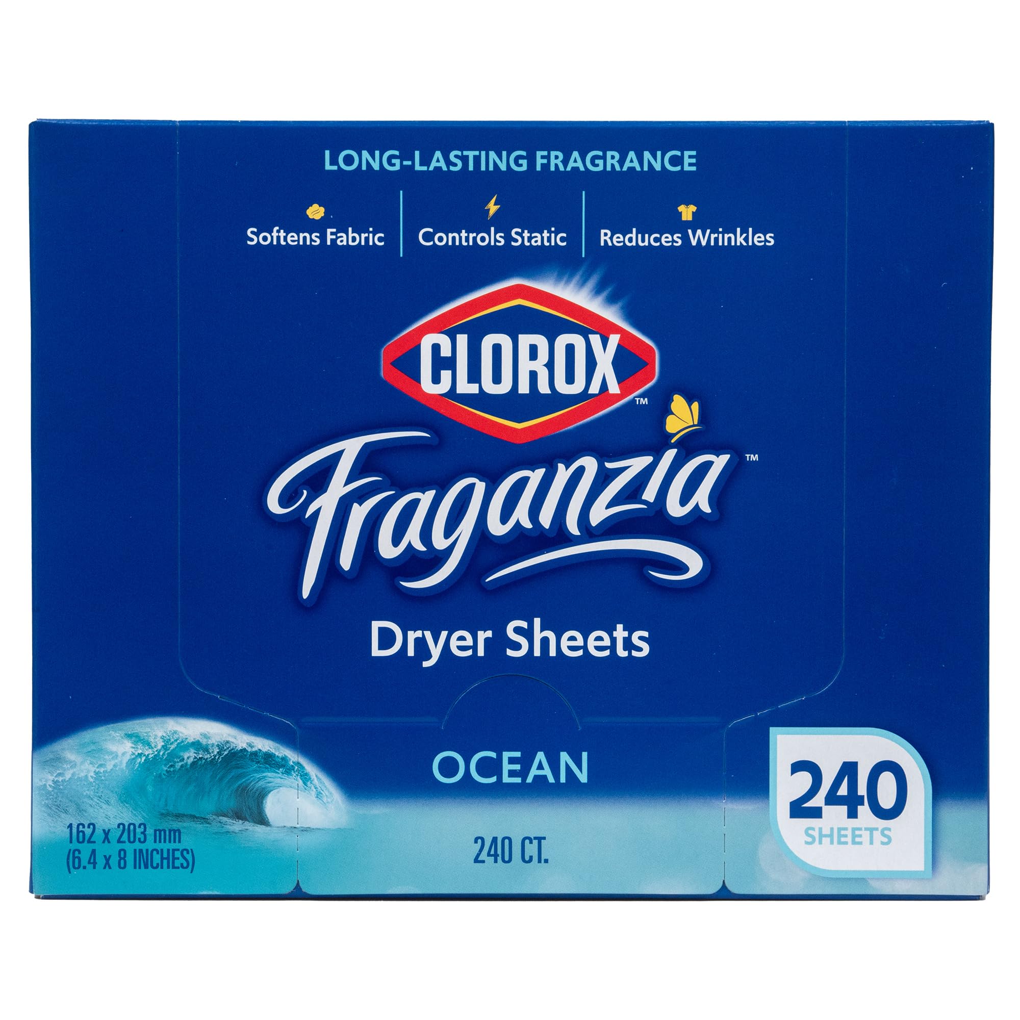 Clorox Fraganzia Fabric Softener Dryer Sheets, Wrinkle Reducing and Anti Static Laundry Dryer Sheets for Great Smelling Clothes, Softens Fabrics, Fresh Ocean Scent, 240 Count