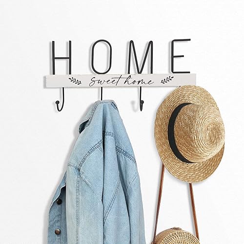 Perchero de pared con estampado de madera de granja con 4 ganchos estándar para abrigo, bufanda, bolso, bolso, toalla, llave, gorra, taza, sombrero,