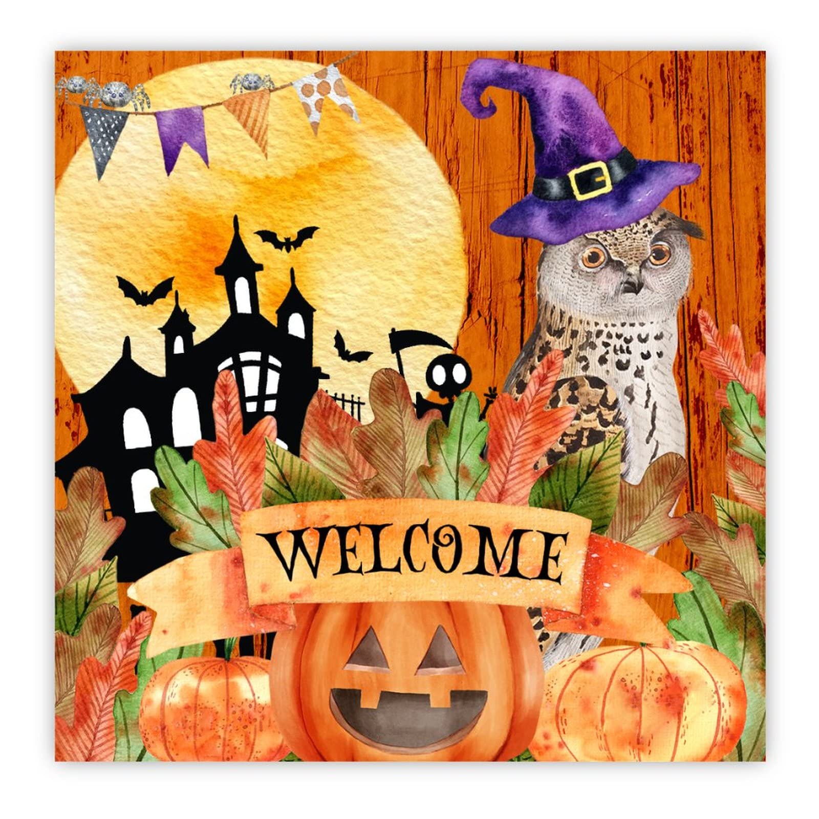 Panneau bois citrouille Halloween château hibou 40cm pour décoration salon