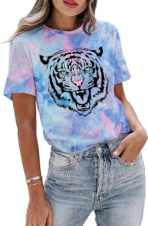 Tie Dye Shirt Womens Animal Tiger Graphic Tees Tops Summer Casual Loose Short Sleeve T-Shirt Blouse