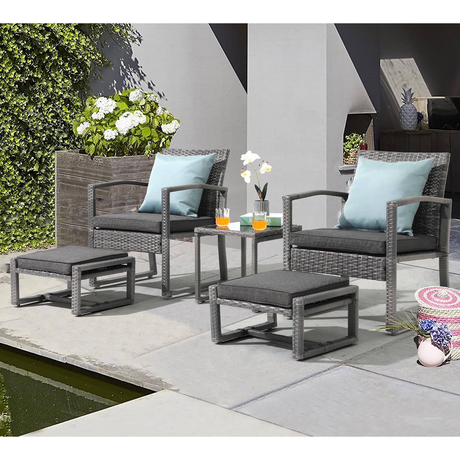 Patiorama 5 Piece Outdoor Patio Wicker Furniture Set, All Weather Grey PE Rattan Chair and Ottoman Footstool Set, W/Coffee Table, Cushions (Dark Grey) for Garden, Balcony, Porch, Space Saving Design