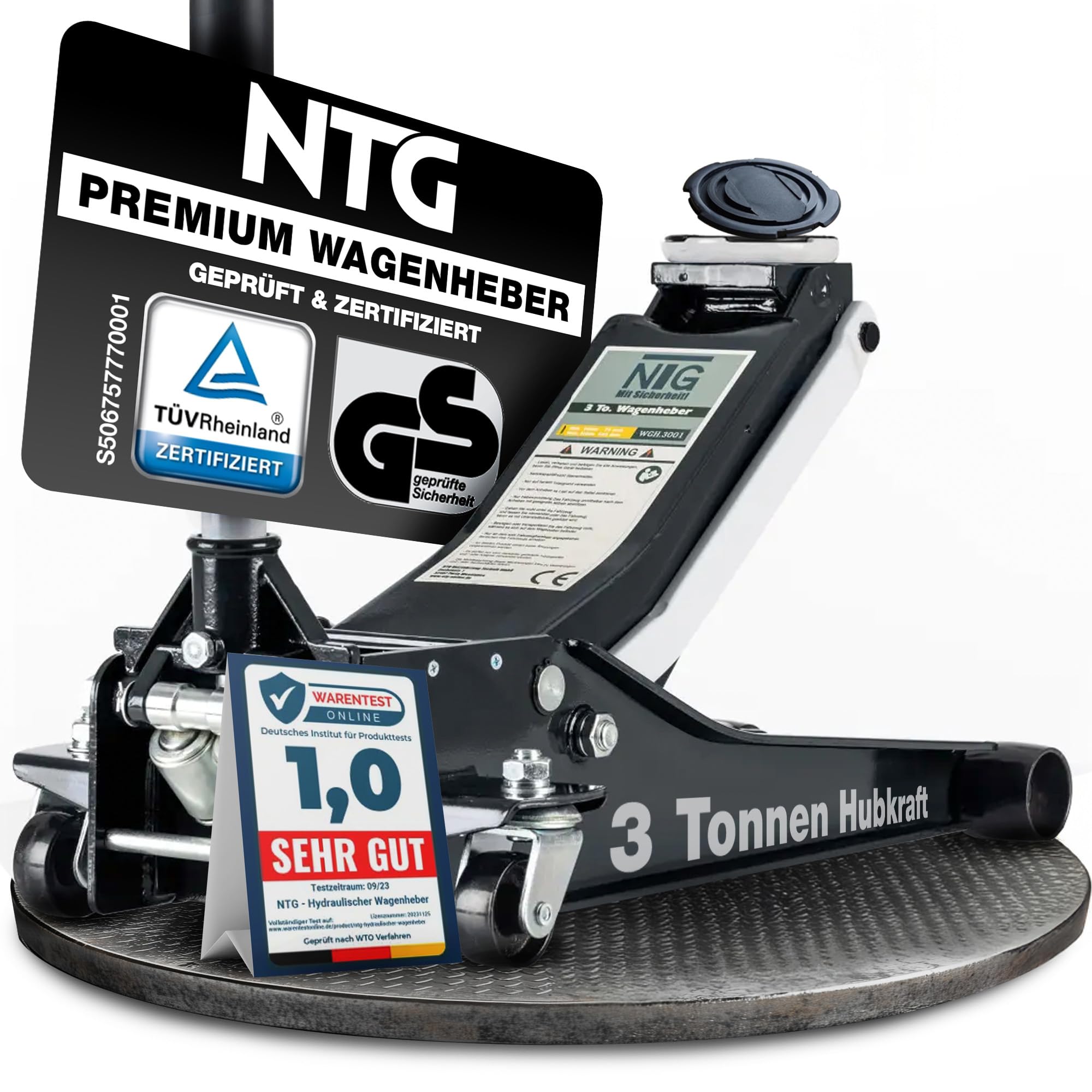 NTG Gato hidráulico 3T (elevación 75-505 mm), Doble Cilindro, extraestable, Profesional, 3000 kg, Plano, para SUV y Coches Bajos, Color Negro