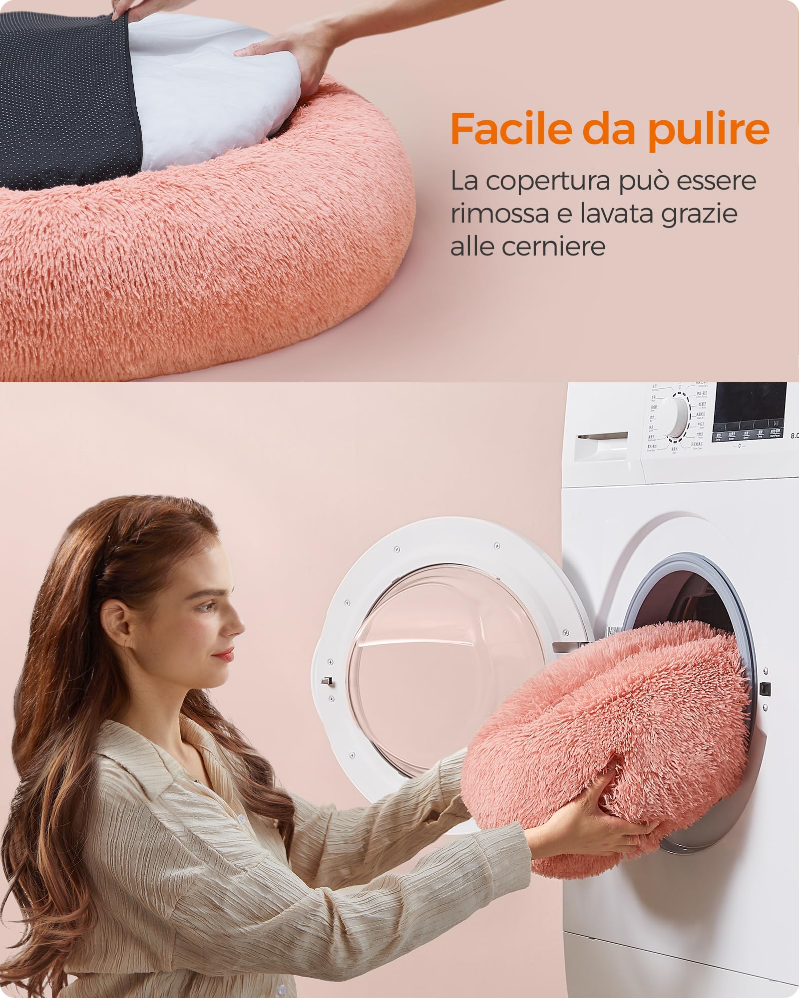 Feandrea Cuccia Cane Interno, Cuccia per Cani, Lettino per Animali Domestici a Ciambella, Cuscino Sfoderabile e Lavabile, Tappeto di Peluche, Diametro 100 cm, Rosa PGW042R01