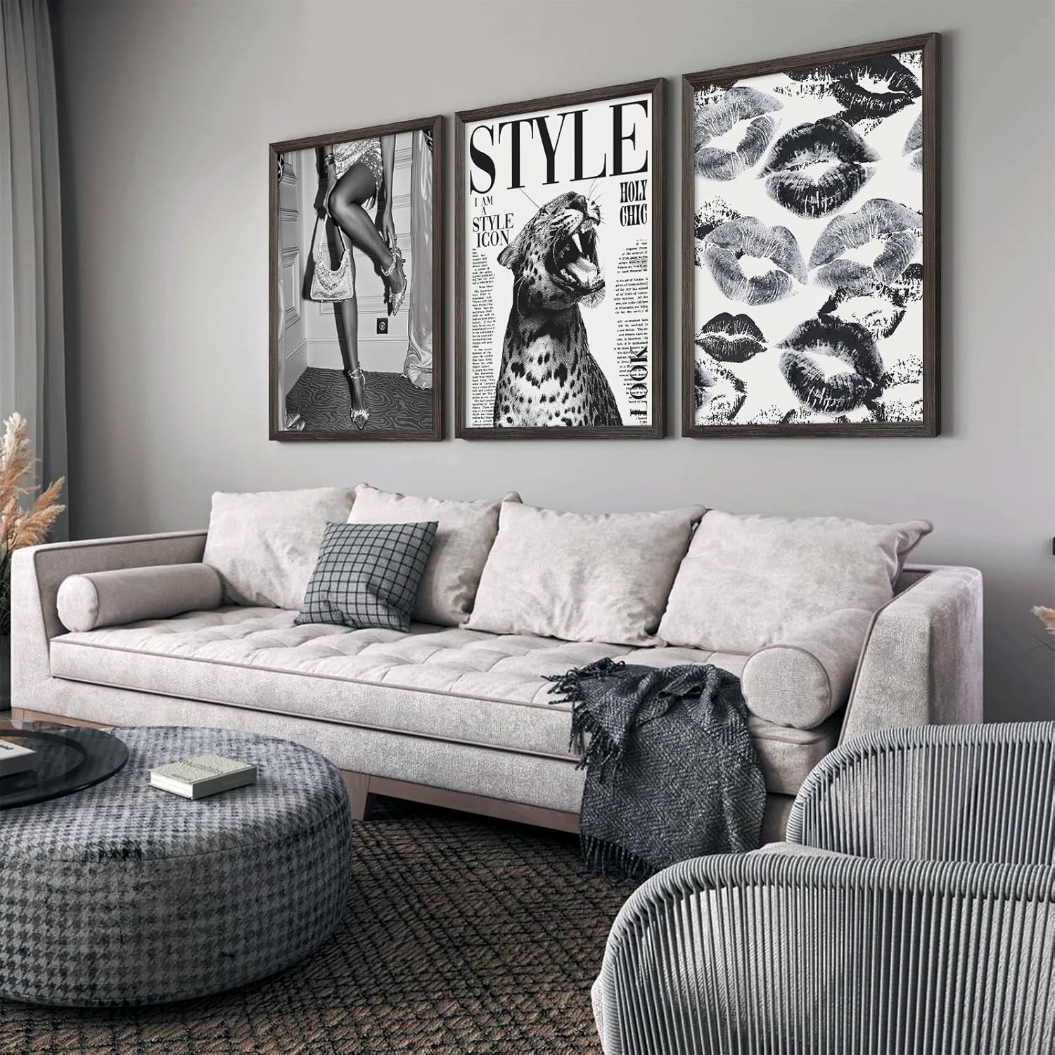 Trendy Leopard Wall Art Black and White Cheetah Canvas Wall Decor Fashion Preppy Room Poster Vintage Y2k Aesthetic Prints Funky Heels Lips Pictures Artwork for Girl Bedroom 12x16x3 Inch Wood Framed