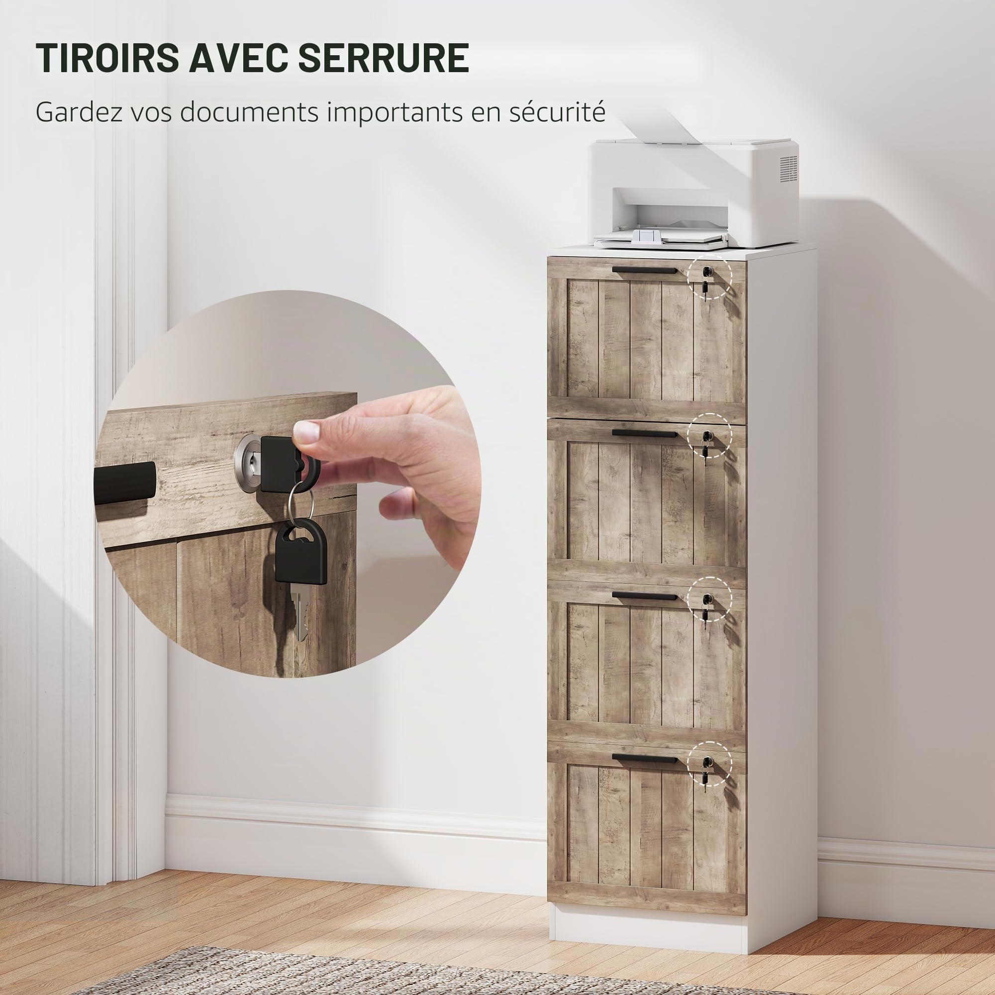 HOMCOM Armoire à tiroirs de Bureau avec 4 tiroirs Armoire à tiroirs de Bureau avec Serrure 2 clés Barres de Suspension pour A4 Lettre à dossiers Mobile pour 39,4x40x129 cm Blanc & Bois