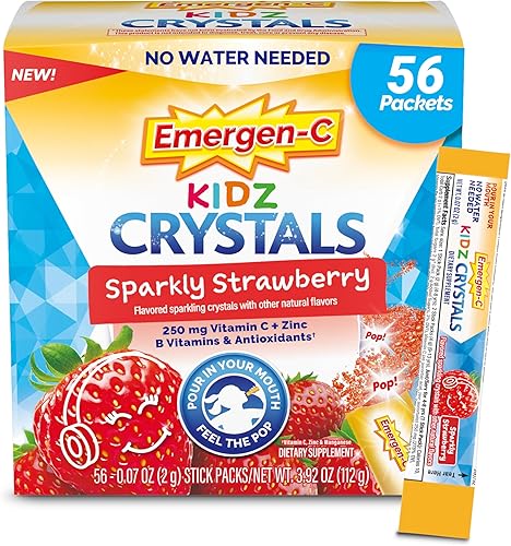 Emergen-C Kidz Crystals, suplemento de apoyo inmunológico para llevar con vitamina C, vitaminas B, zinc y manganeso, fresa brillante, paquete de 56