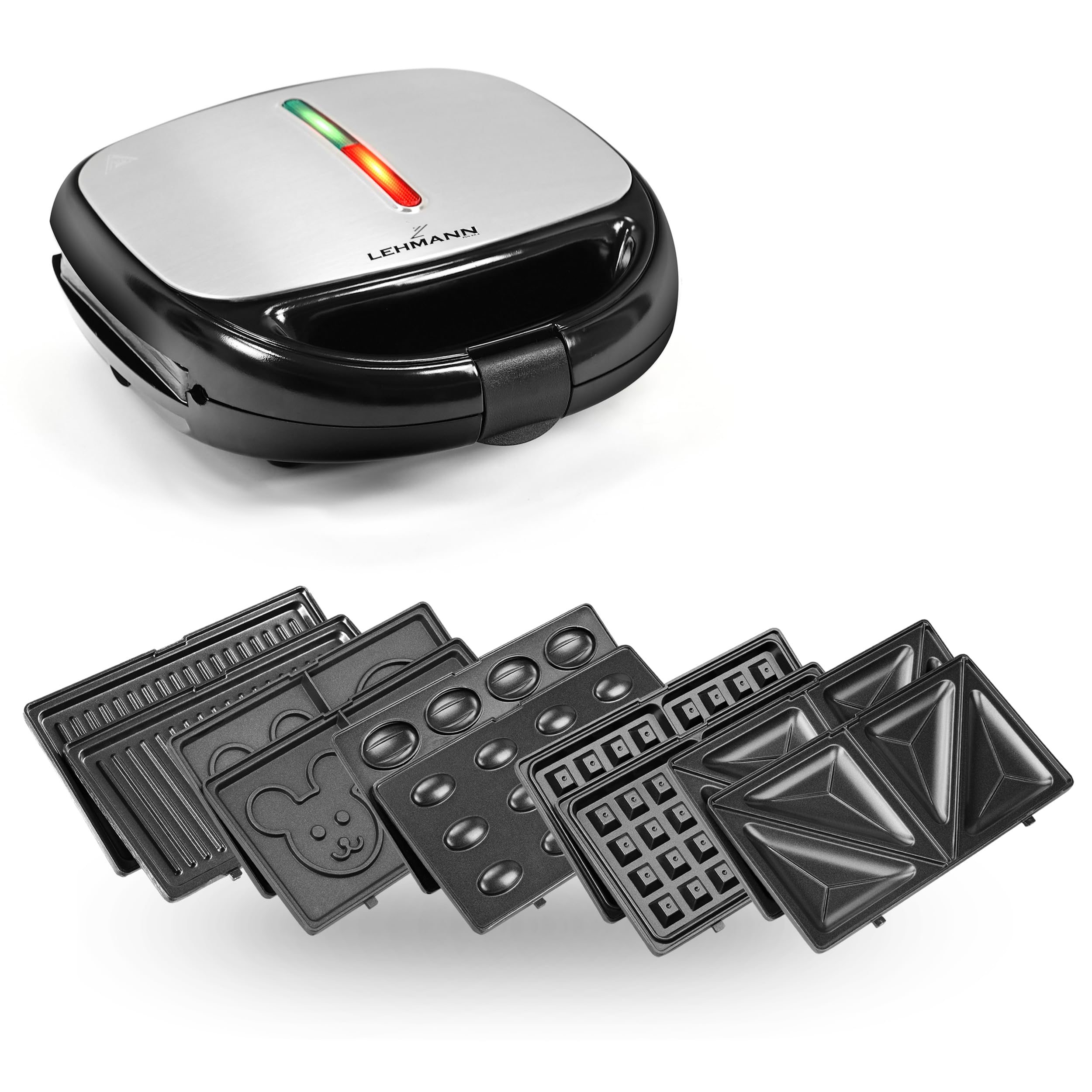 LEHMANN Plancha Sandwichera 5 en 1, 800W, con 5 Placas Antiadherentes y Extraíbles - Grill, Tostadora, Gofrera, Maquina para Hacer Nueces, Tostadora con Caritas Sonrientes