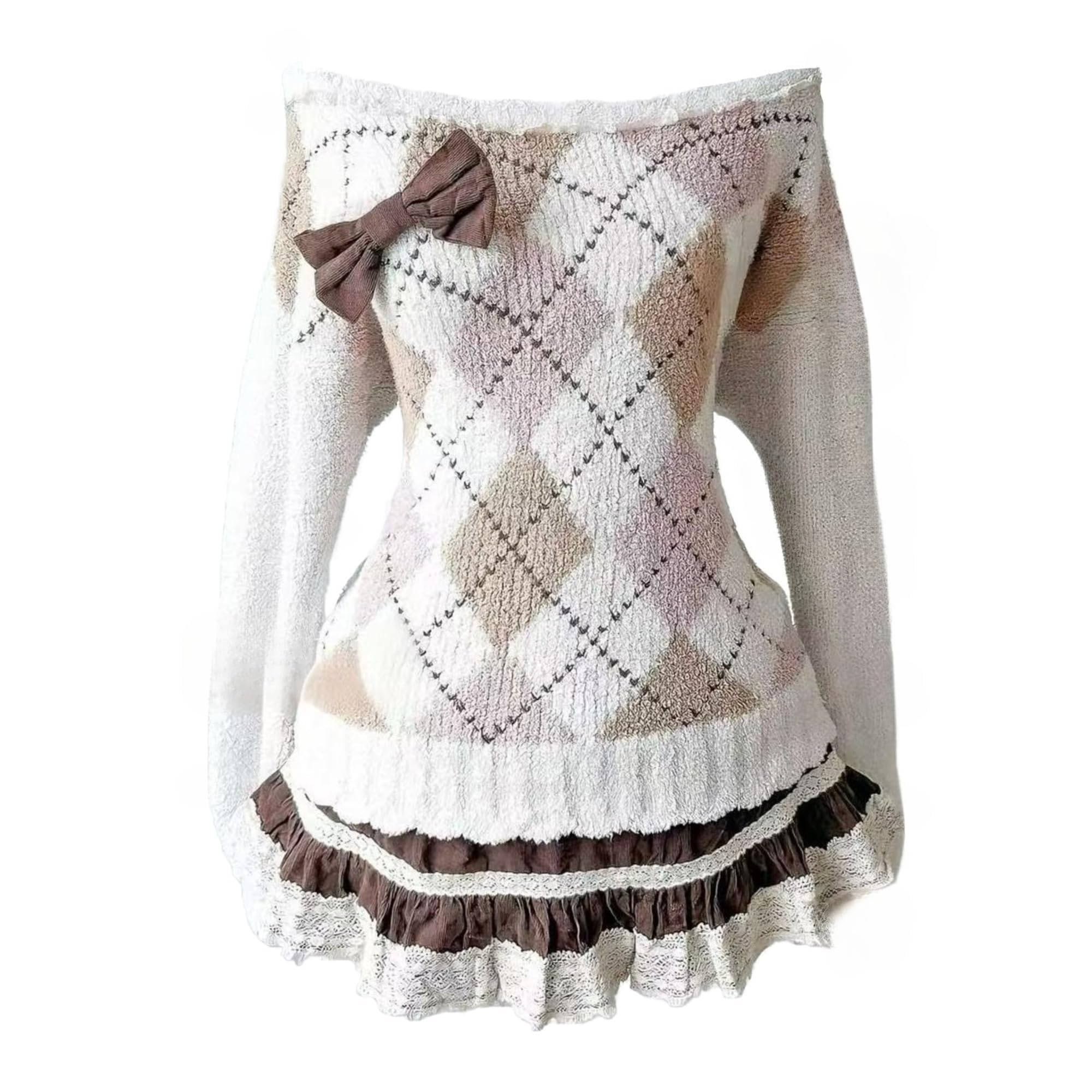 Off Shoulder Argyle Sweater Women Coquette Cute Lace Bow Tops Y2k Kawaii Cutecore Teen Girls Preppy Clothes