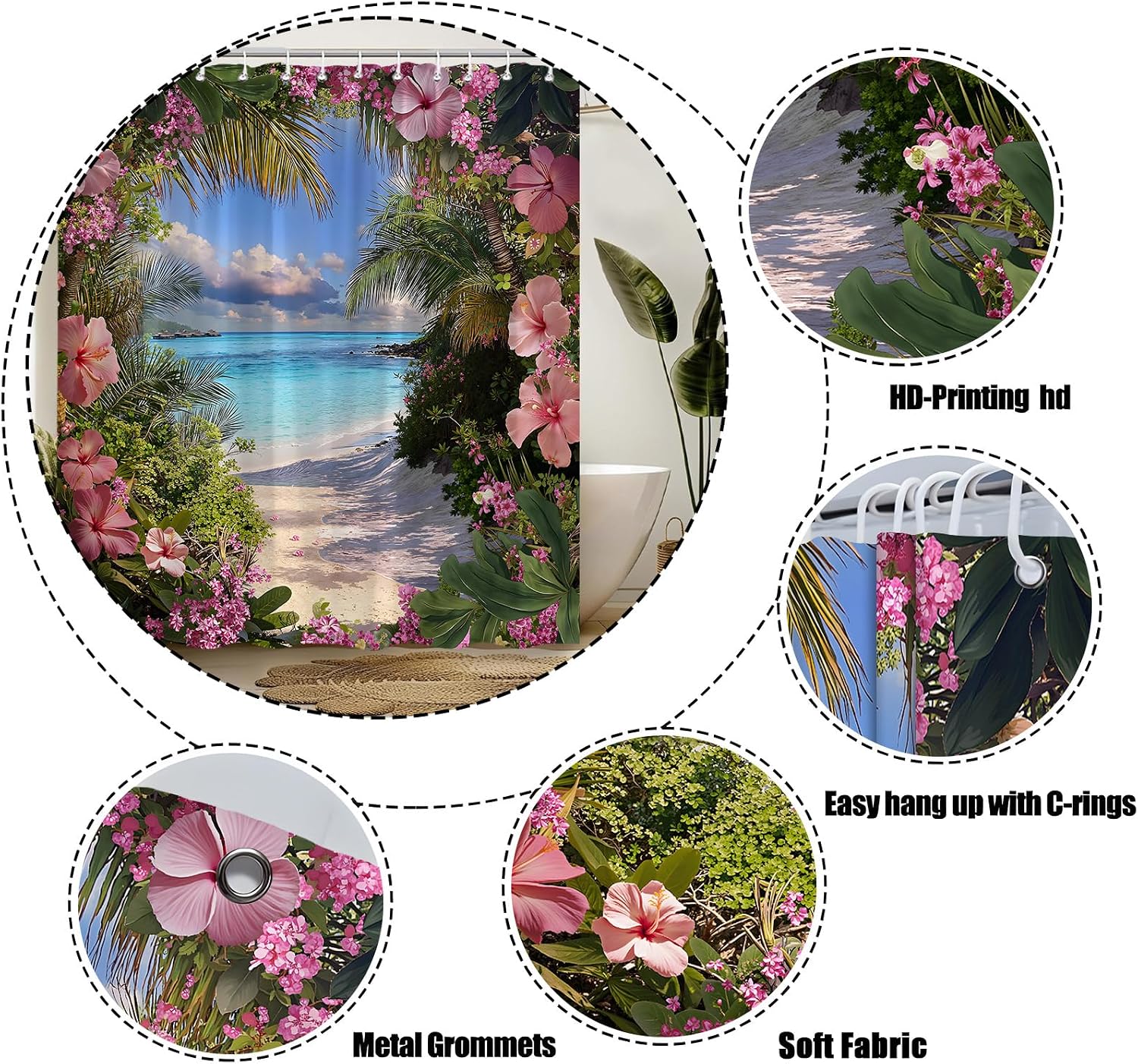 Beach Floral Shower Curtain Tropical Ocean Palm Leaves Pink Flower Scenery Landscape Bathroom Decor Curtain with Hooks,70" WX70 H