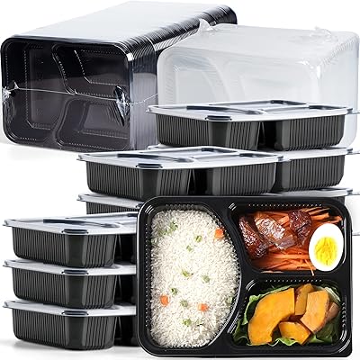 YANGRUI To Go Containers, 50 Pack ( 50 Trays + 50 Lids ) 3 Compartments 38oz Leak Proof Extra-thick Meal Prep Container Microwave Freezer Safe Take Out Containers
