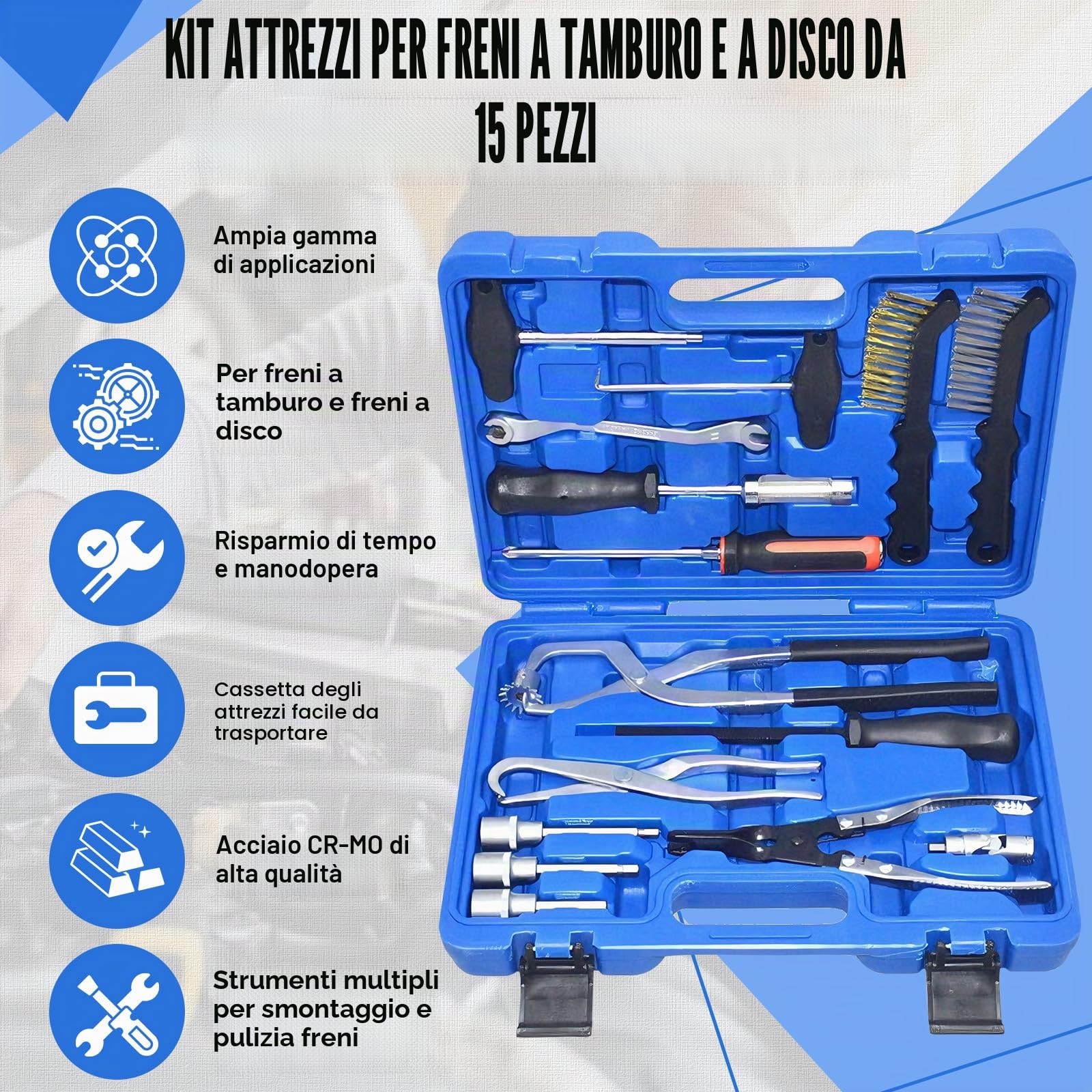 15 TLG tamburo freno set di attrezzi per freni a tamburo per auto, set di attrezzi per cambiare/pulire impianti a disco e tamburo, montaggio officina
