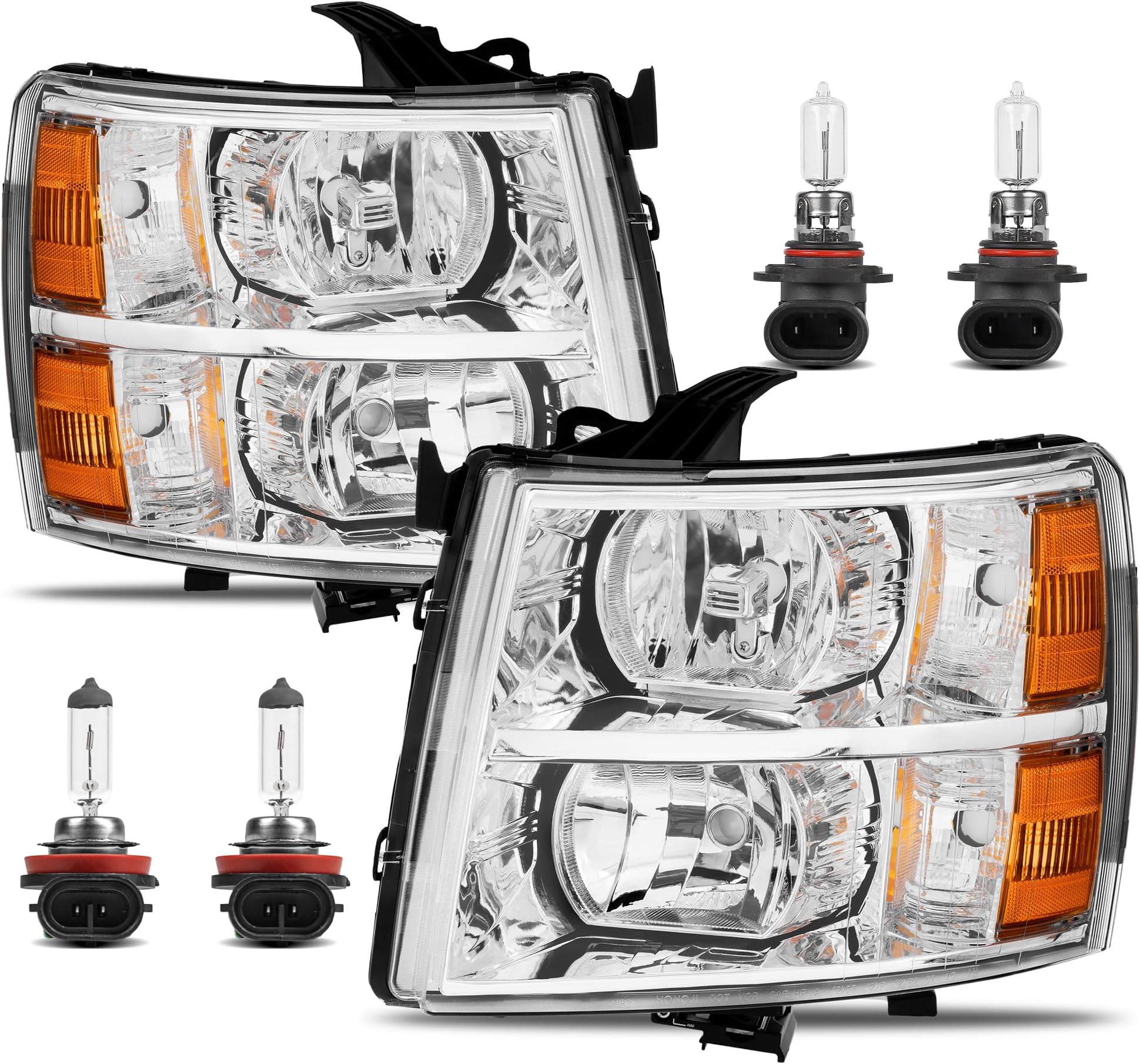 KUIPERAUTO Headlight Assembly Front Lamp Compatible with 2007-2013 Chevy Chevrolet Silverado 1500 2500HD 3500HD Chrome Housing/Clear Lens/Amber Corner with Bulb