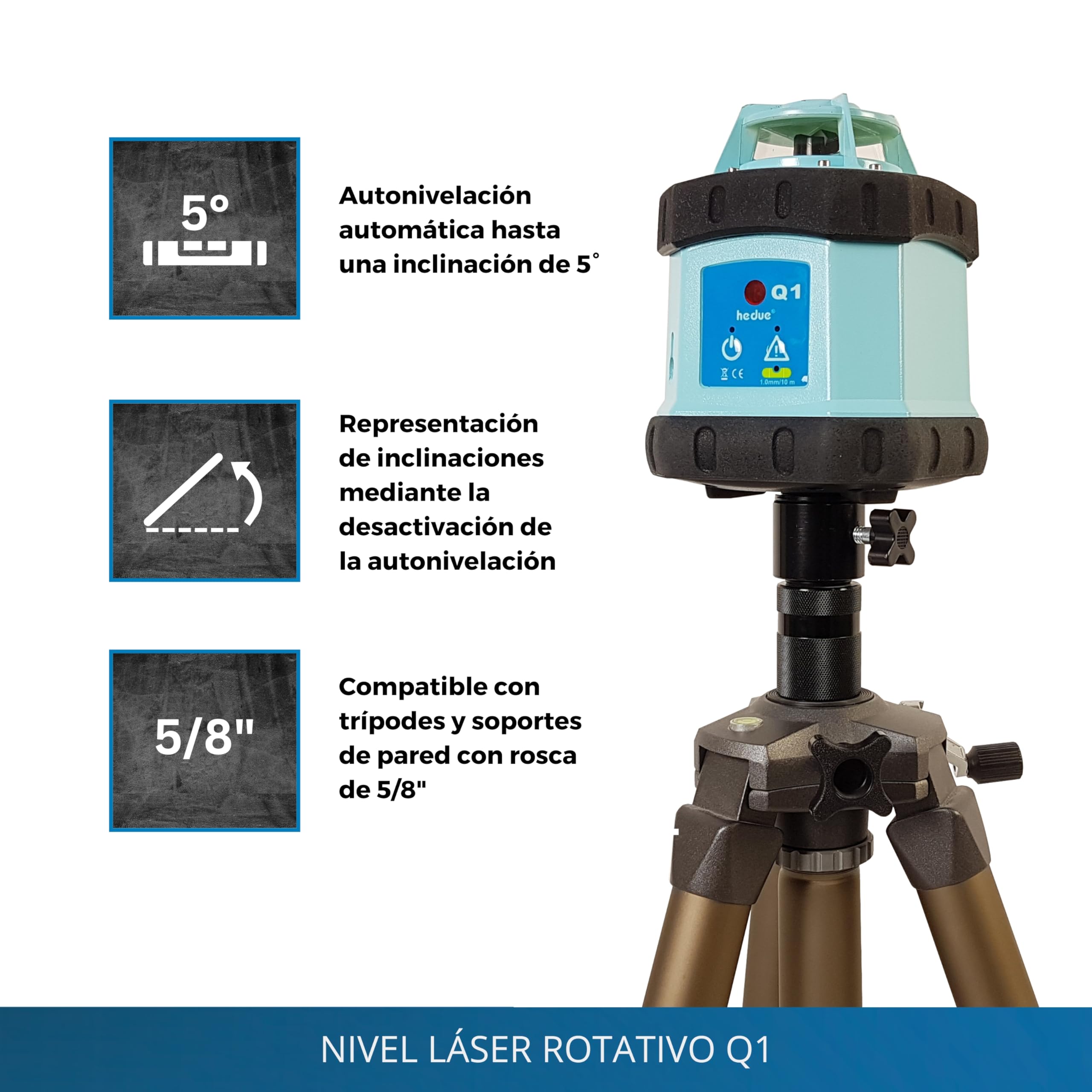 Nivel láser rotativo Q1 - Nivel laser rotativo autonivelante para trabajos de nivelación horizontal, 500m zona de trabajo (con receptor láser)