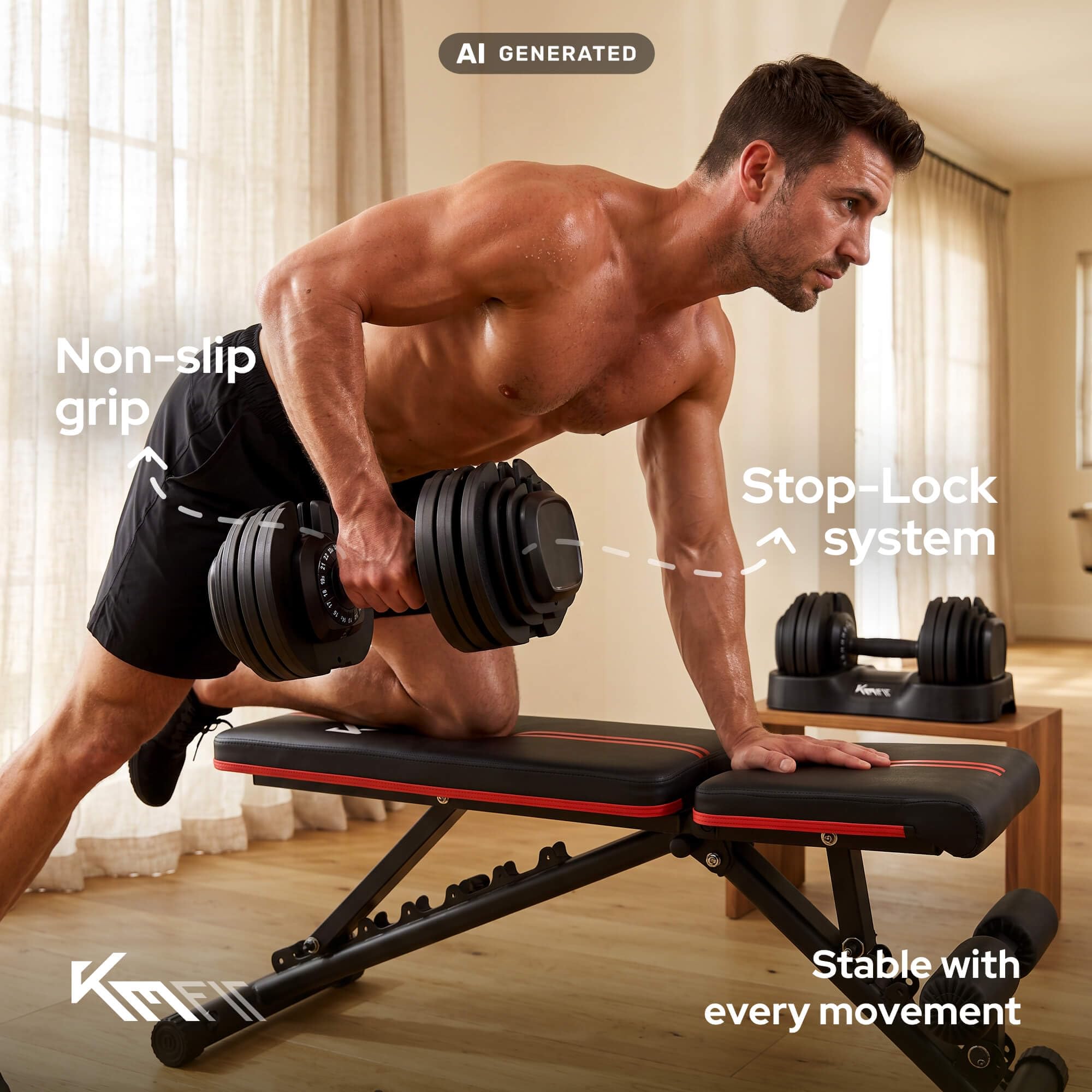 KM-Fit Regulowany hantel 25 kg pojedynczy, 18 poziomów, siłownia domowa | 2,5–25 kg z regulacją jedną ręką, systemem Stop-Lock, ciężarami z żeliwa i bazą