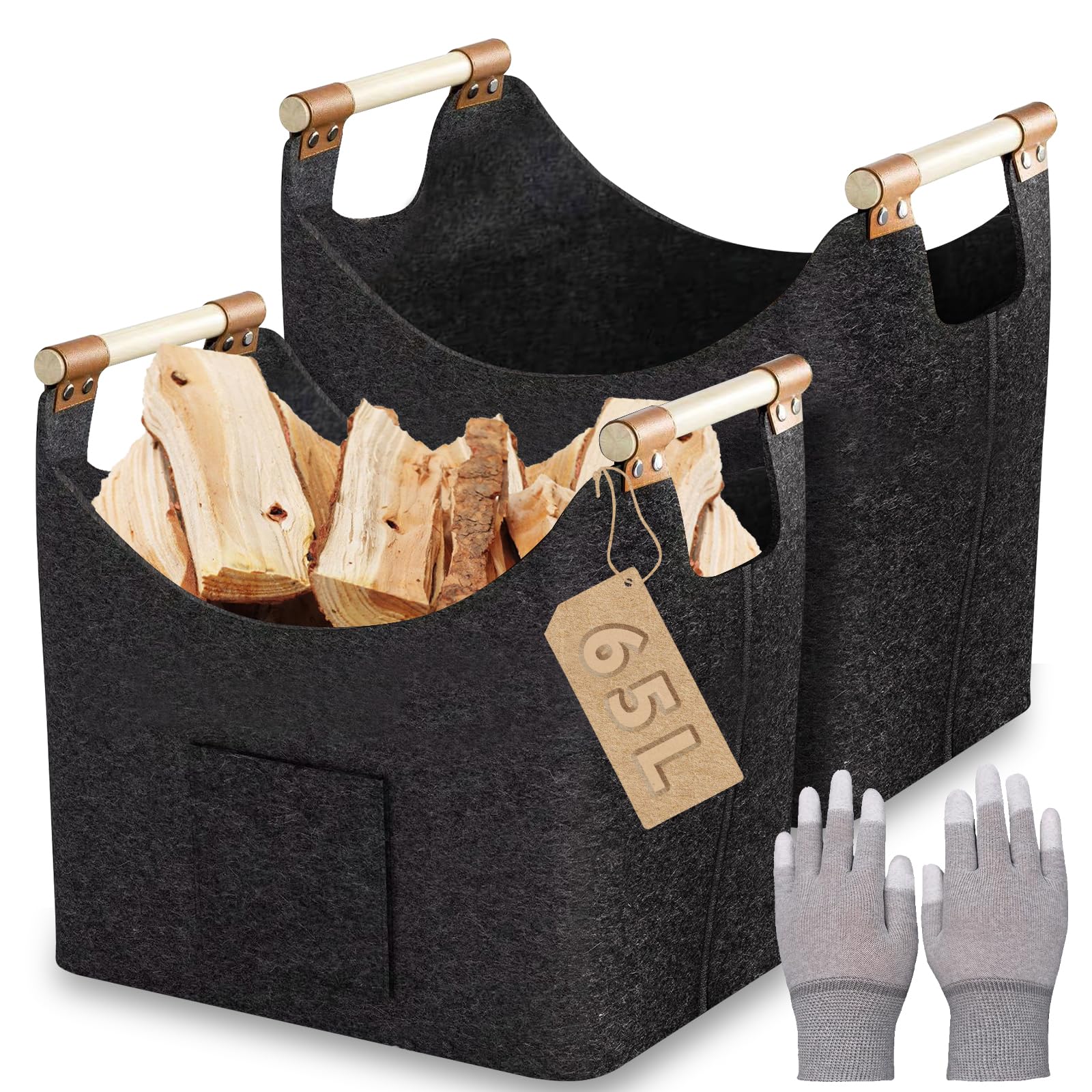 SPORWAY Lot de 2 Paniers XXL de Chauffage Pliables en Feutre Extra Épais avec Poignée en Bois Renforcée