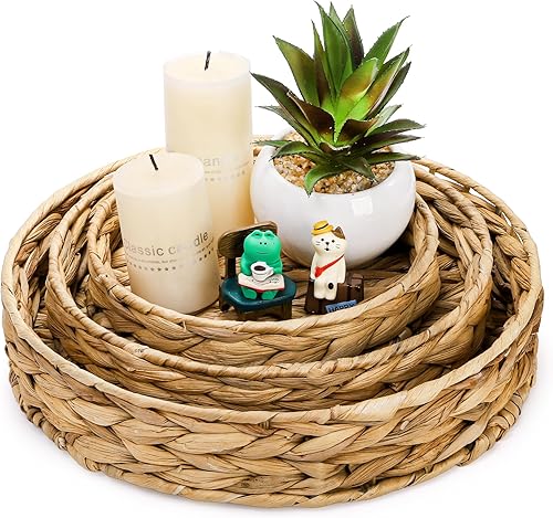 Cedilis Juego de 3 bandejas redondas de frutas de hierba, bandeja de mesa auxiliar tejida a mano, bandeja de almacenamiento decorativa para