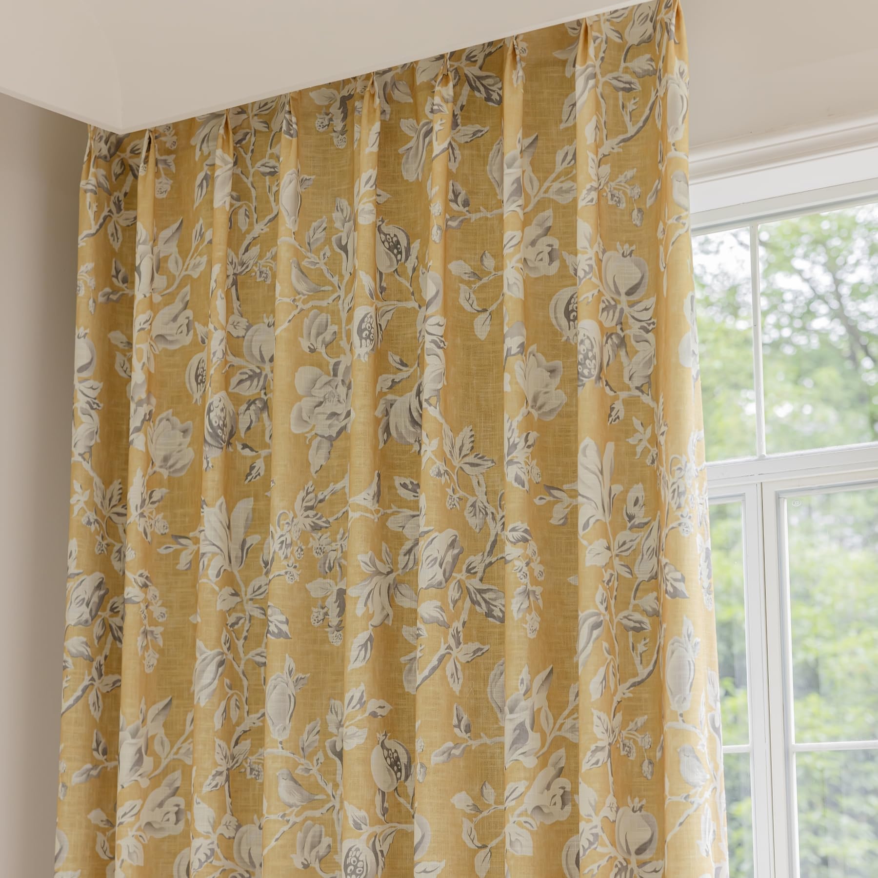 VisionaryHomeDesign Yellow Floral Curtains, Pleated Linen Curtains,Home Decor，Block Print, for Living Room,Bedroom(50" W x 108" L, 2panels)