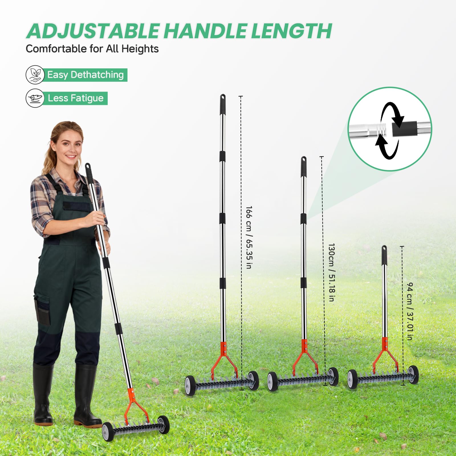 Escarificador de mano con ruedas, rastrillo escarificador con mango 166 cm, aireador de césped con ruedas, rueda de metal para jardín, extraíble, rastrillo de escarificador ajustable, rastrillo de