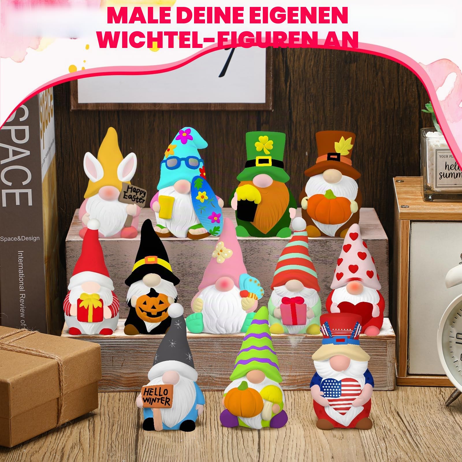 Keramik-Zwerge zum Bemalen, unbemalt, Set mit Pinseln, 12 Stück