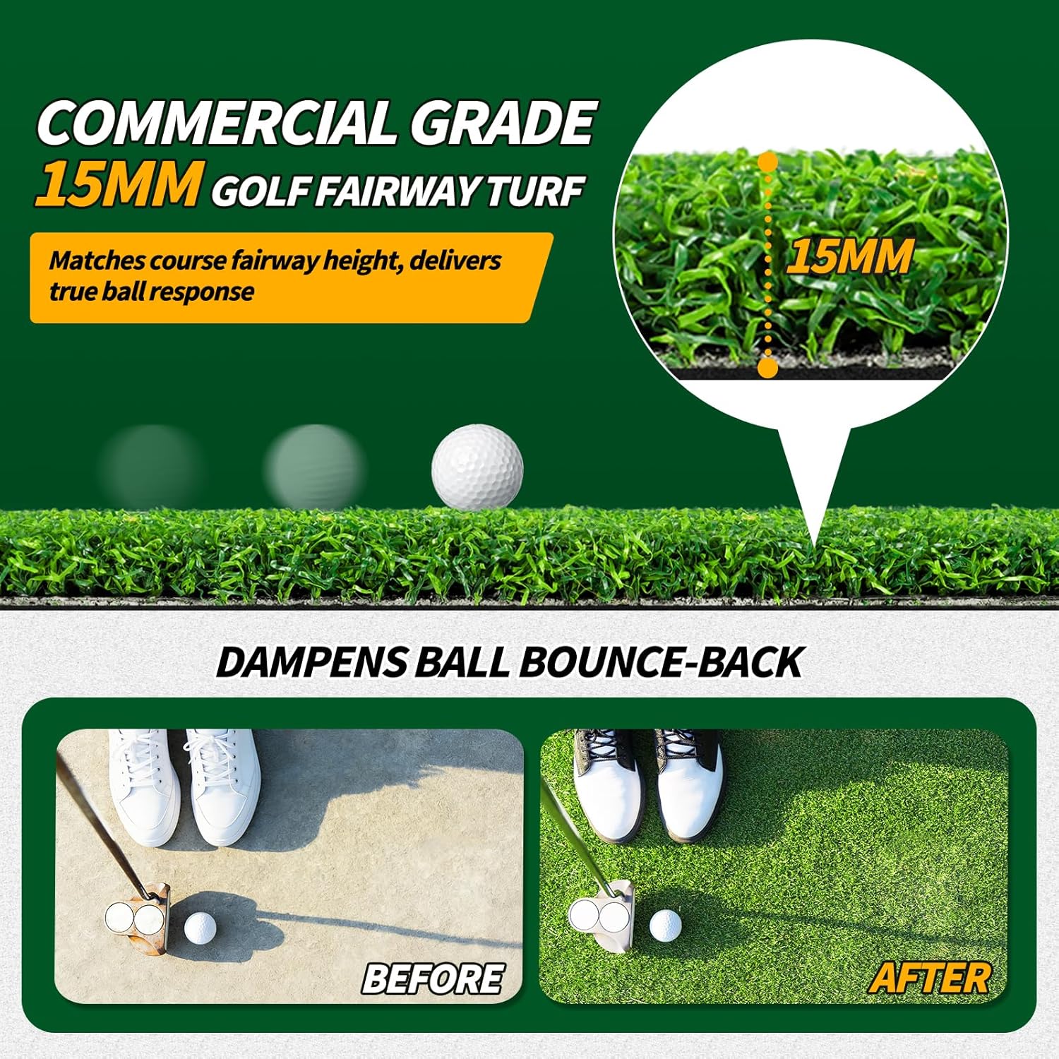 Golf Simulator Turf Mat, 15 mm 8/10/12ft Golf Mat for Indoor Home Setups, Golf Putting Mats Practice Outdoor Training Golf Hitting Mat for Putting Practice Football Sports Gym Backyard