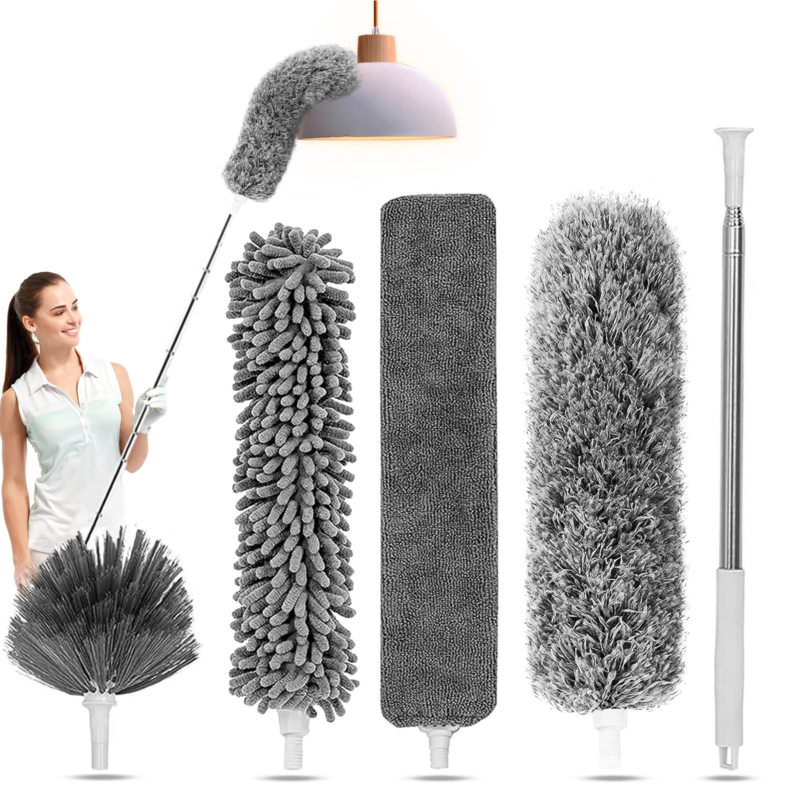 Plumero para limpieza 5 en 1, plumero de 100 pulgadas con poste de extensión, plumero extensible, plumero de microfibra para techos altos, muebles, persianas, pared, gris