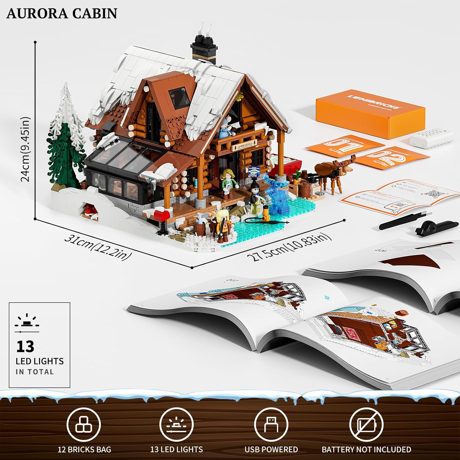 Aurora-Cabin Christmas Lighting-Building-Bricks Set - 2425 Pcs Retro House Winter Lodge LED Light Construction Building Christmas Village Model Set for Adults and Families - Image 6