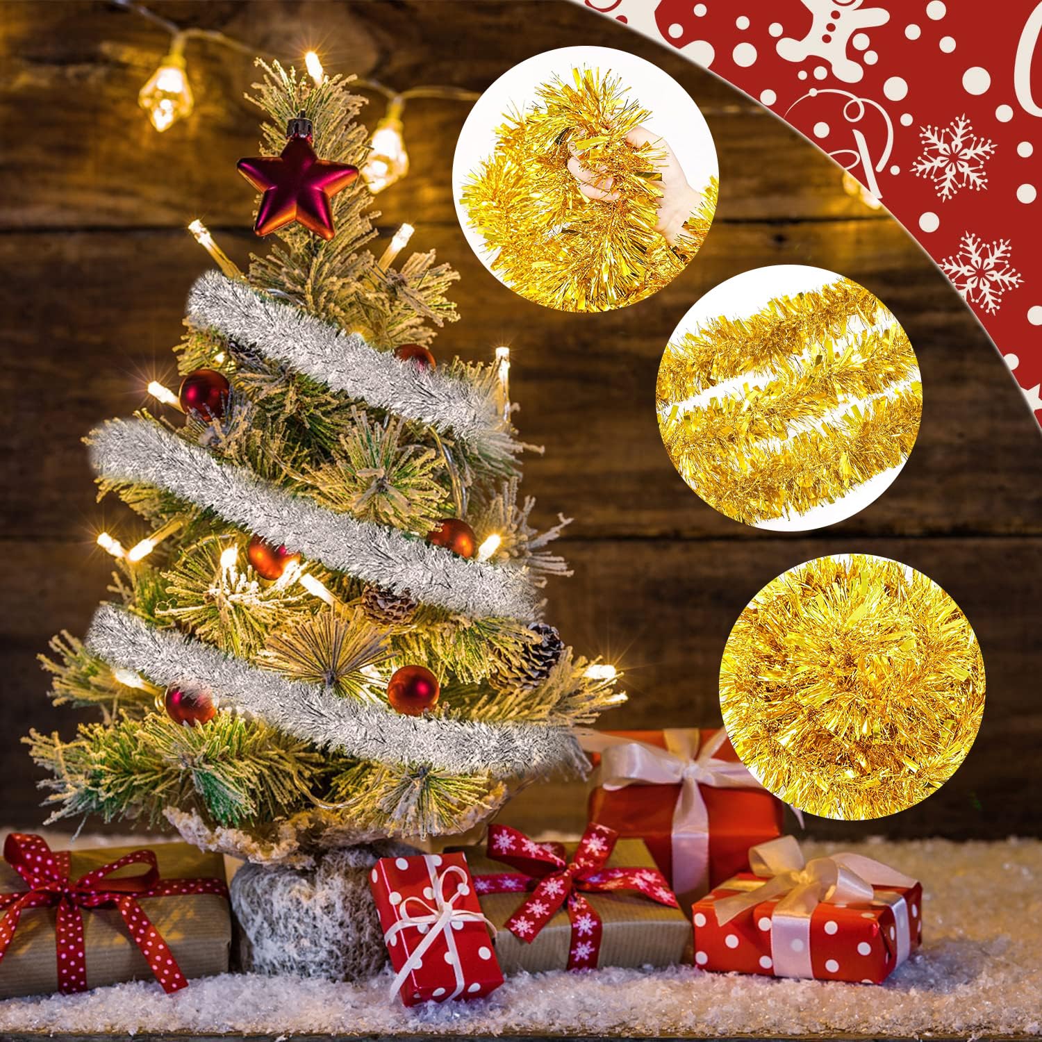 Ghirlanda Di Orpelli per Albero Di Natale Da 6 Pezzi, Ghirlanda Di Decorazioni Natalizie 2m, Ghirlanda Di Decorazioni per Albero Di Natale, Ghirlanda Di Natale (Oro)