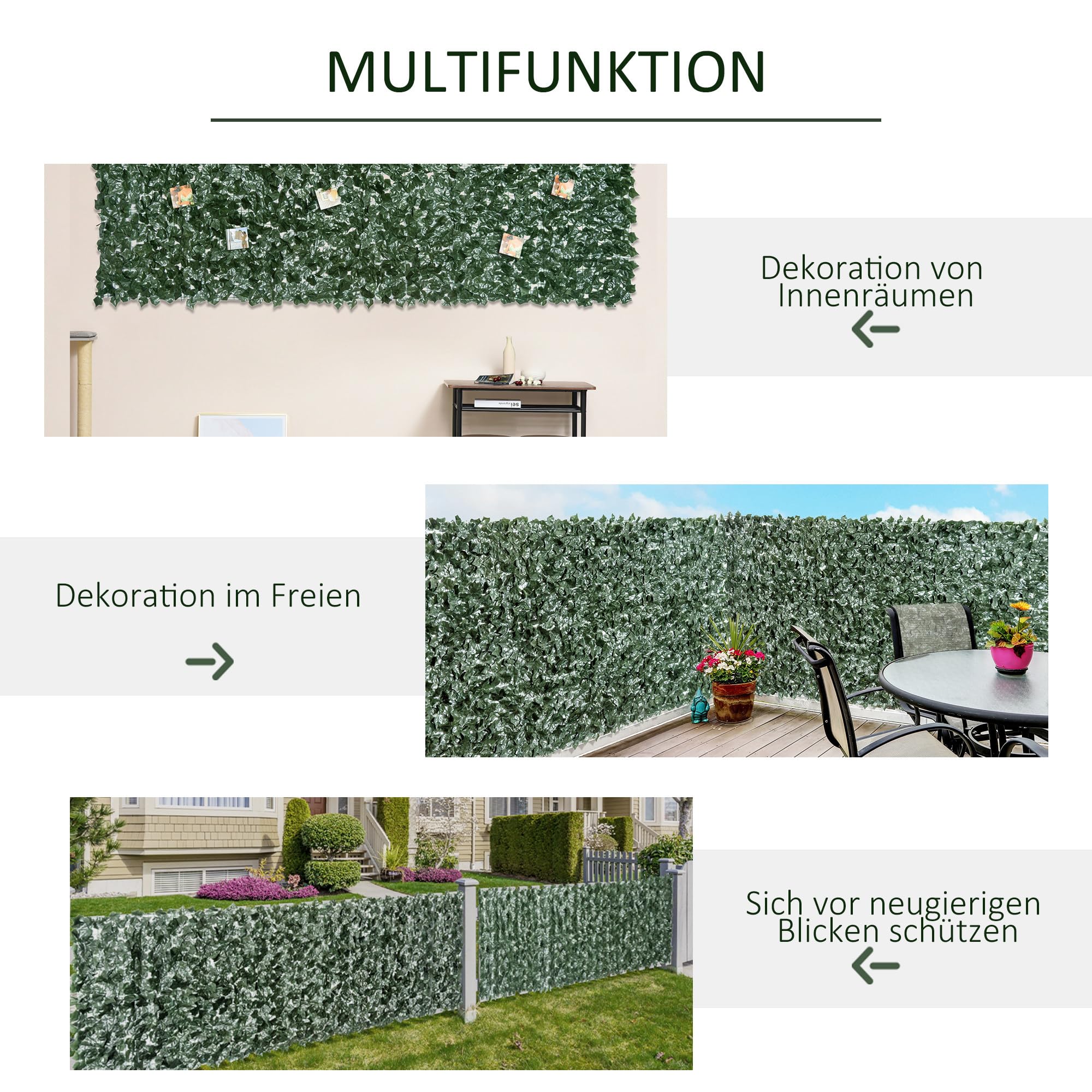 Outsunny Künstlicher Hecken Sichtschutz UV Geschützt 300 x 150 cm Grün | Balkon Sichtschutze, Zaun Sichtschutzgitter mit Blättern, Hecken Zaun, WandKünstliche, für Garten Hochzeit