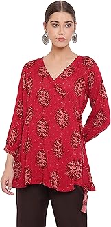 Janasya Indian Women's Maroon Rayon Crepe Angrakha Top