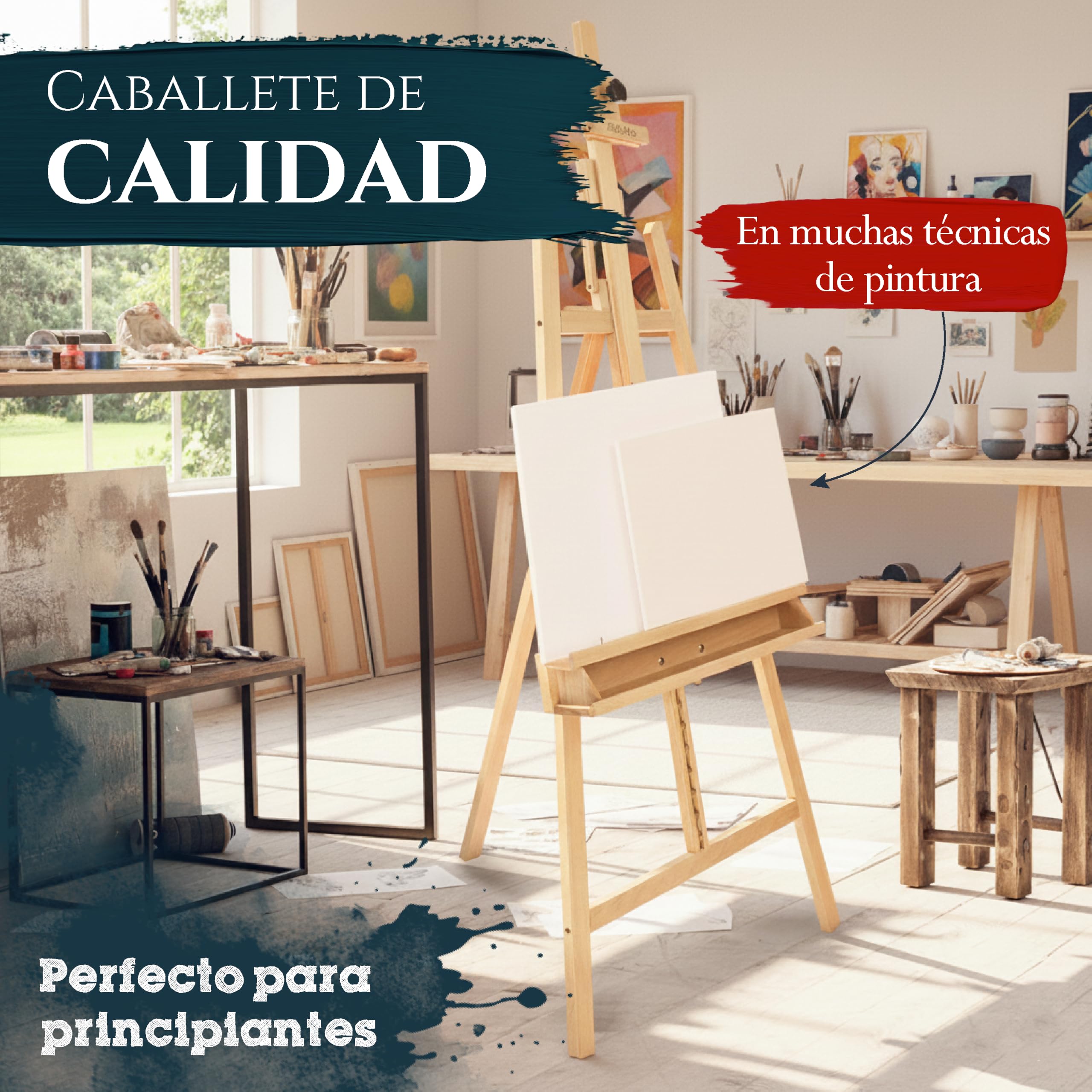Artina – Kit de pintura 30 piezas con caballete de madera Barcelona + bastidores set Santorini – Set de acrílicos, pinceles y lienzos hasta 120cm, para iniciación y artistas aficionados