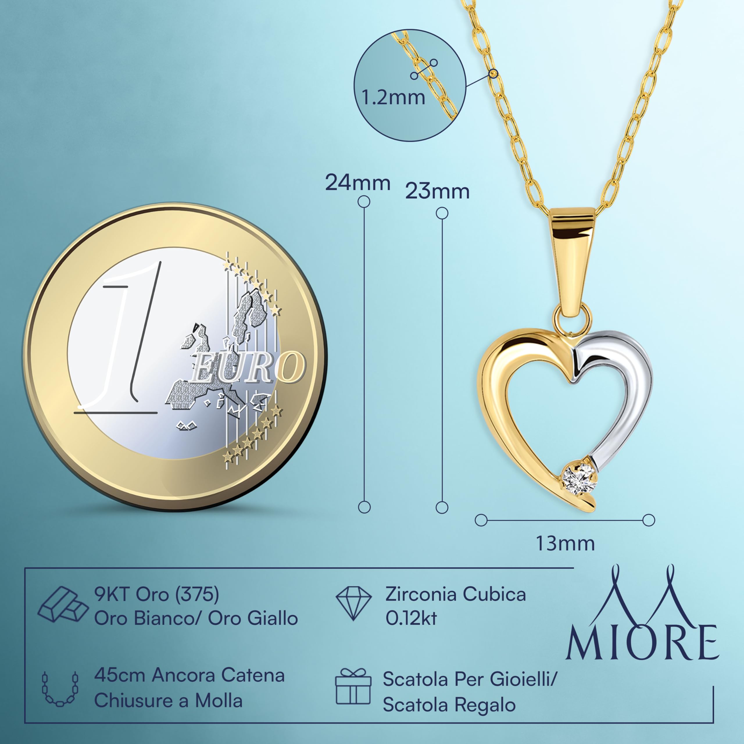 MIORE - Ciondolo Collana Donna Cuore Oro Bianco Oro Giallo con Zircone, Vero Oro 9KT 375, Pendente Cuore con Catena Cm. 45 Oro 9KT, Argento 925 Placcata Oro 18Kt o senza Catena.