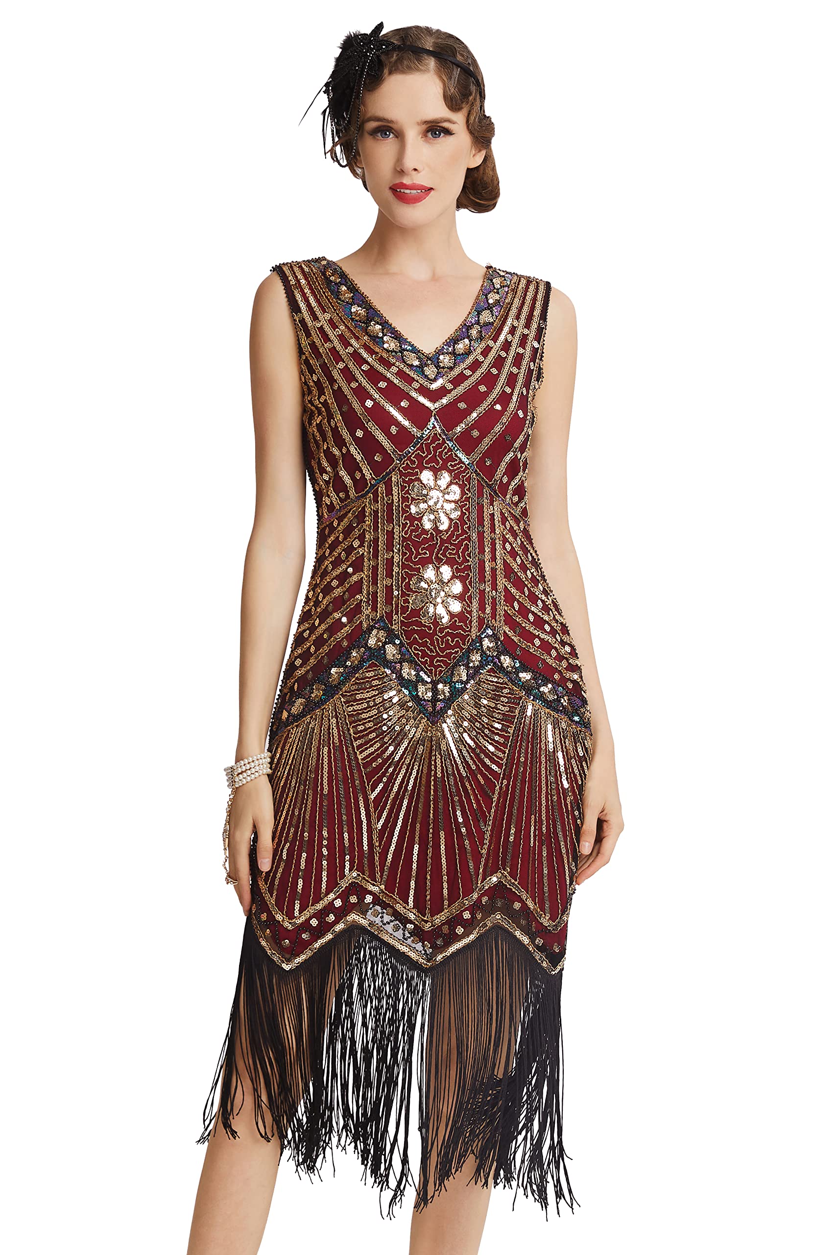 BABEYOND Damen Flapper Kleider voller Pailletten Retro 1920er Party Damen Kostüm Kleid Gold Weinrot, 3XL