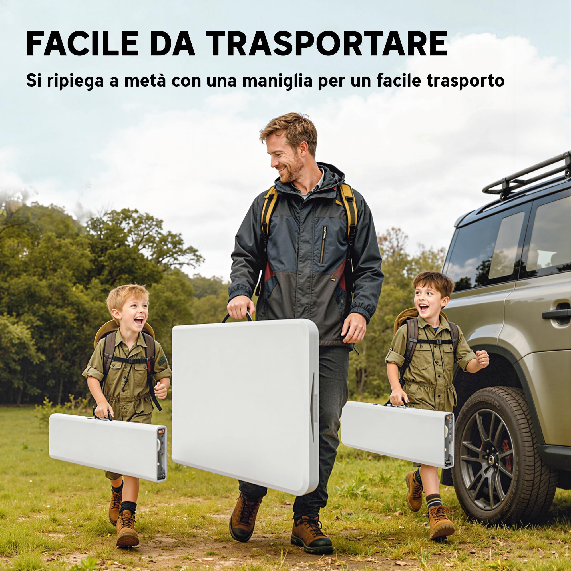 Outsunny Set Tavolo da Campeggio Pieghevole con 2 Sedie, Tavolo da Pic Nic e 2 Panche da Esterno, Set Tavolino Campeggio con Maniglie in HDPE e Metallo, per Picnic, Mare, Spiaggia, Giardino, Bianco