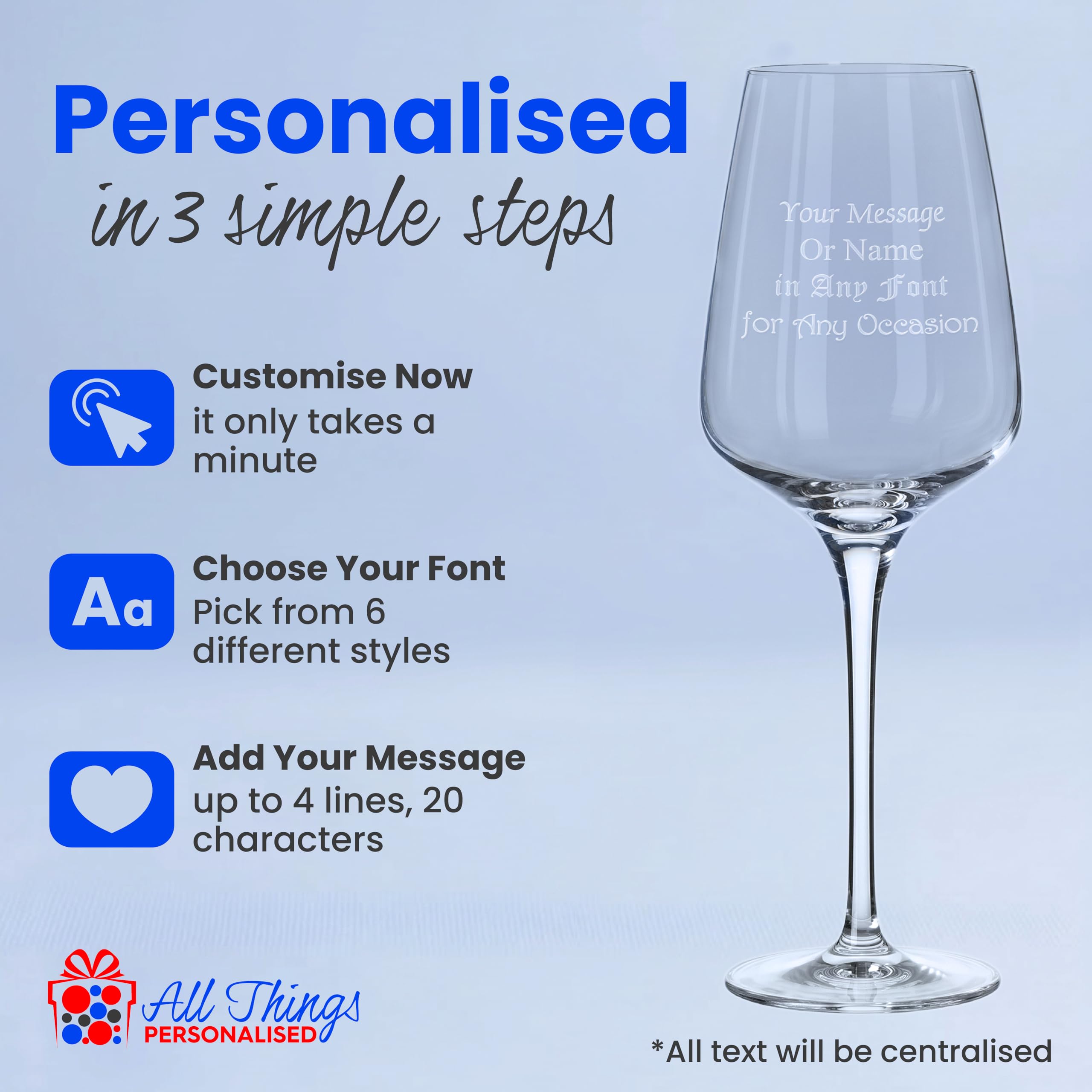 All Things Personalised Calice Vino Personalizzato 450ml - Bicchiere Vino per Compleanno, Matrimonio e Altro - Personalizzabile con Nome e Messaggio - Confezione Regalo, Incisione al Laser