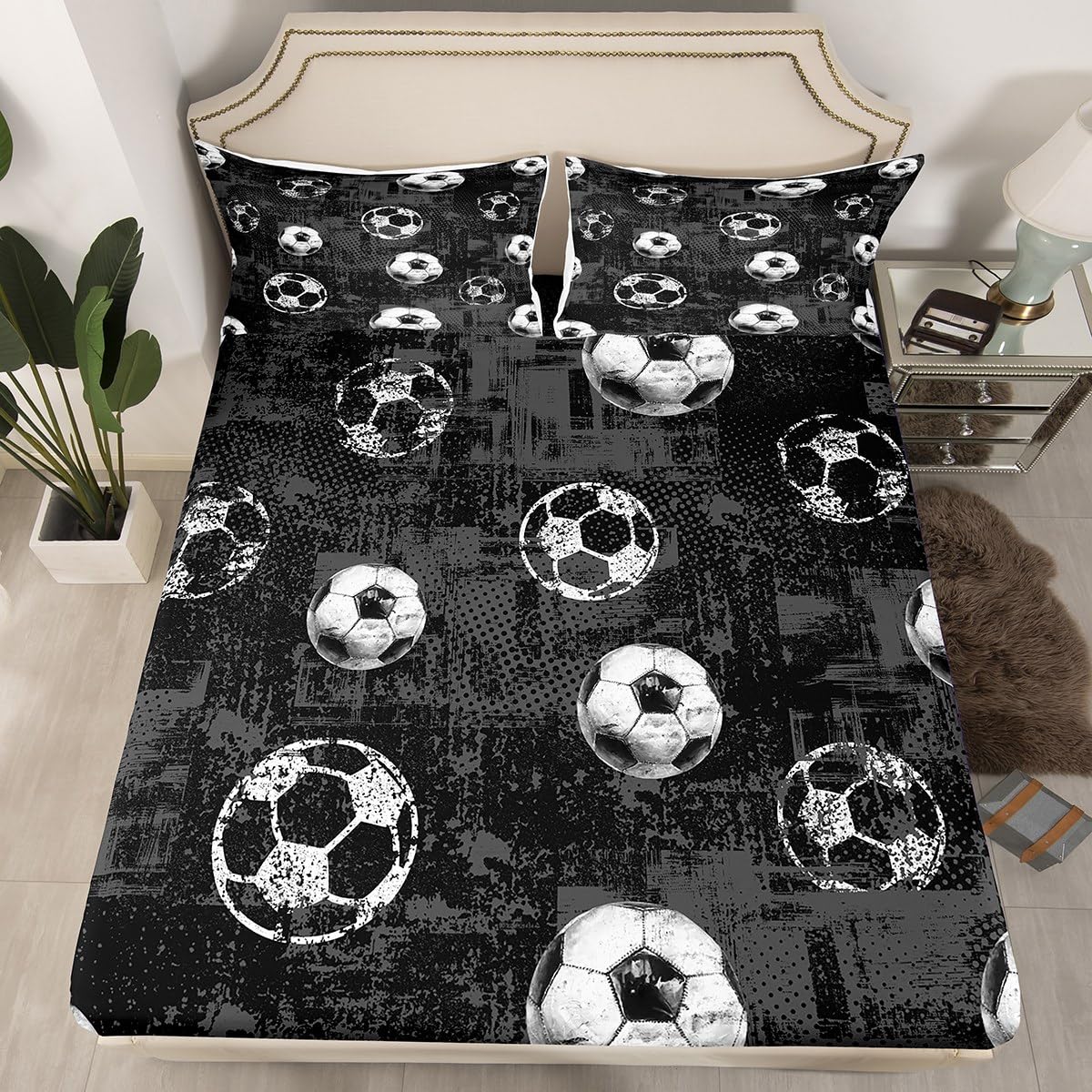 jejeloiu Boys 3D Soccer Fitted Sheet Queen Size Kids Football Bed Sheets Set for Girls Teens Sports Ball Gaming Bedding Set Room Decor