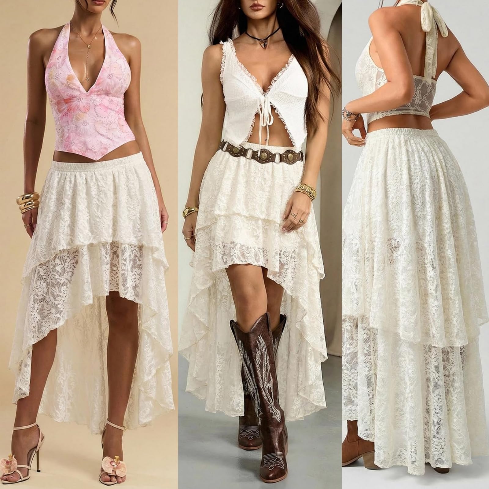 Générique Jupe Longue à Volants en Dentelle et Tulle superposés pour Femme, Coupe trapèze, Style bohème, Ourlet Tendance, idéale pour Les Sorties. (White,S)