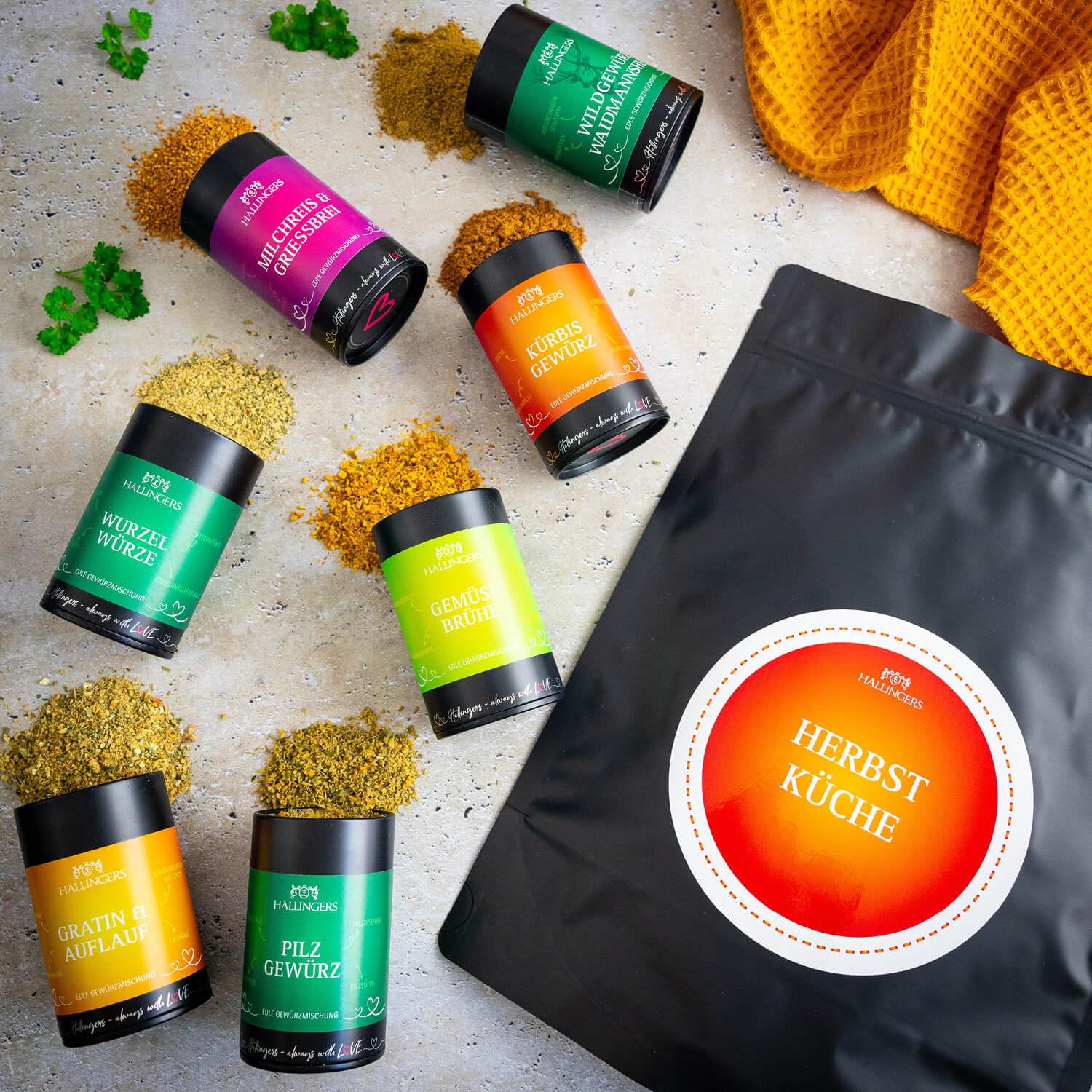 Hallingers Genuss Manufaktur Gewürz Geschenk-Set - Selektion unserer Besteller als Probierset in edlen Aromadosen & Tragetasche "Herbstküche", Geschenkidee für Frauen Männer