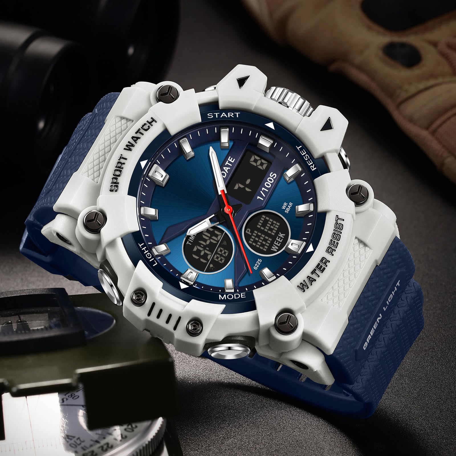 Montre militaire pour homme - Montre numérique - Analogique - Pour homme et garçon - Multifonction - Réveil - Montre militaire - Montre numérique LED - Étanche jusqu'à 5 ATM
