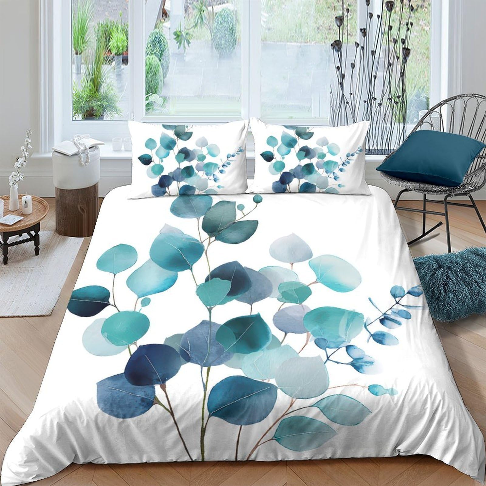 Ctjqhvkz Style-6 3D Printed Blue Eucalyptus Fitted Sheet Microfiber Soft Botanical Leaves Bed Cover For Bedroom Guest Room Easy Care Single（135X200cm）