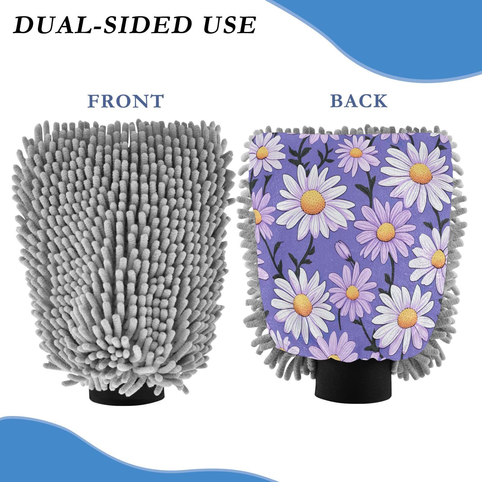 Flradish 2 Pack Daisy Pattern Car Wash Mitt Chenille Microfiber Lint-Free Scratch Free Ultra-Soft Absorbent Car Wash Mitt 10.2x7.09 Inch