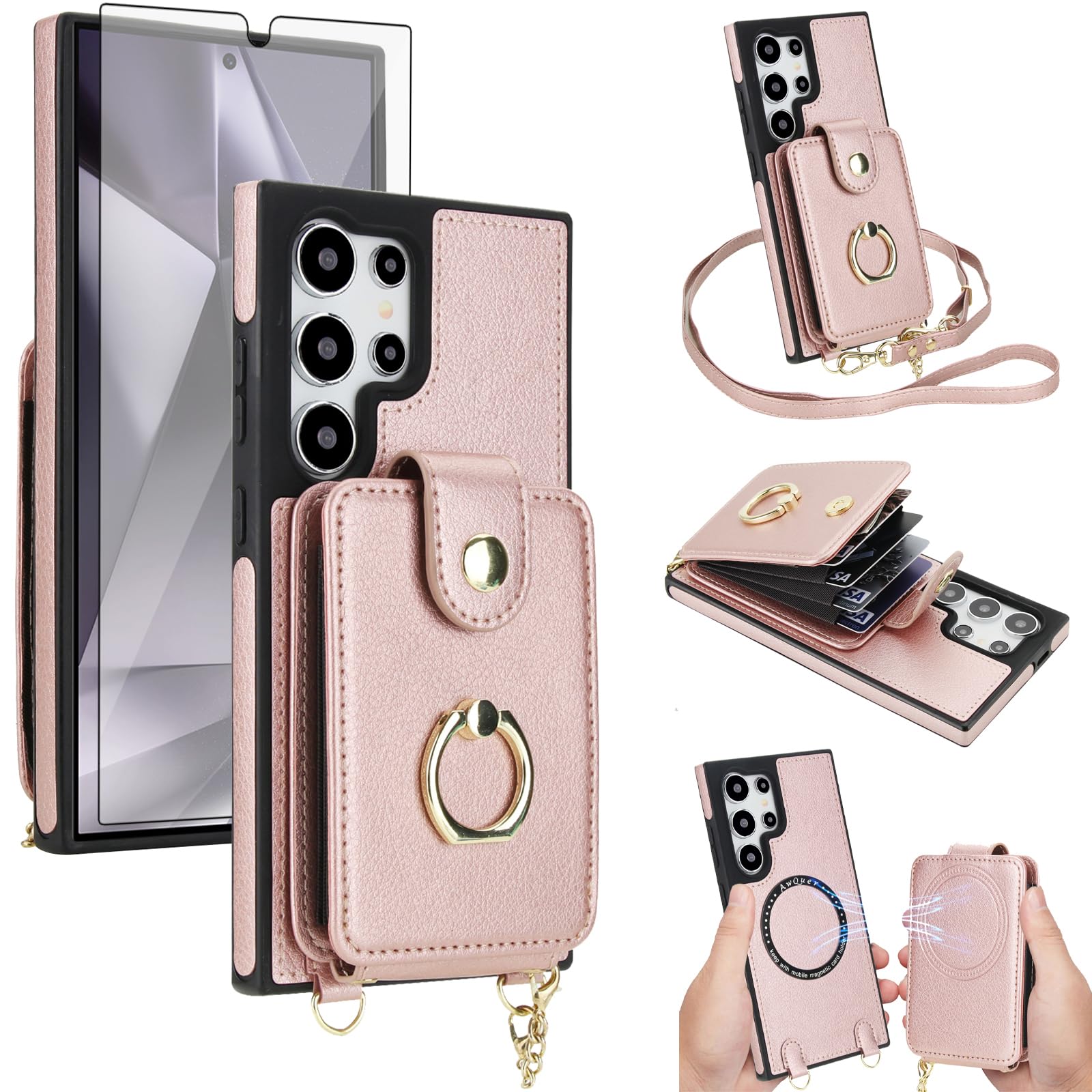 Custodia a portafoglio per Samsung Galaxy S24 Ultra 5G, chiusura magnetica rimovibile, con anello, cavalletto a tracolla, compatibile con MagSafe RFID Blocking S24Ultra, da donna, oro rosa