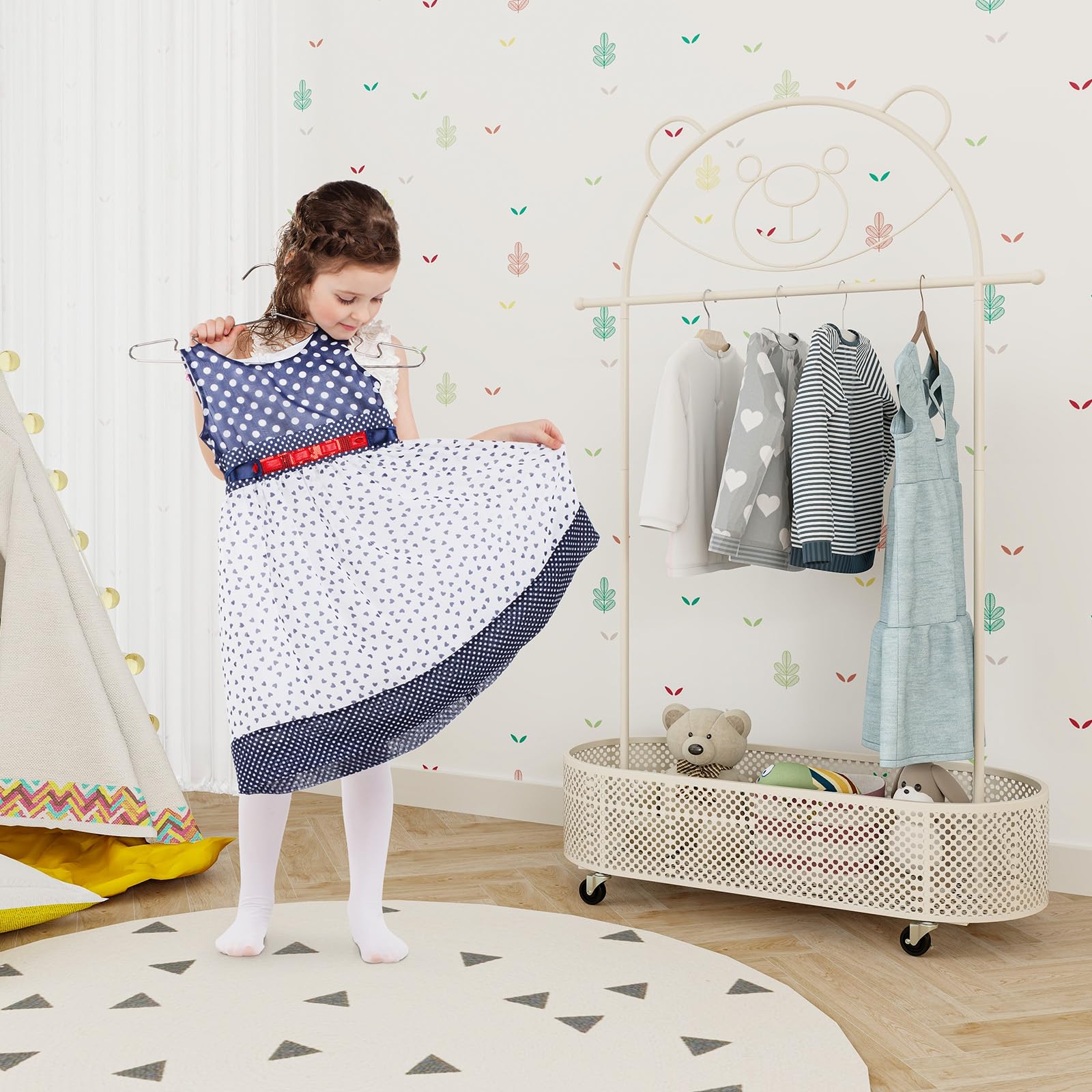 COSTWAY Perchero Infantil, Burro Ropa Altura Ajustable en 130/150/182 cm, Perchero Burro Ropa con Dibujo de Oso, 4 Ruedas Universales, Cesta de Almacenamiento lnferior para Niños y Adultos (Blanco)