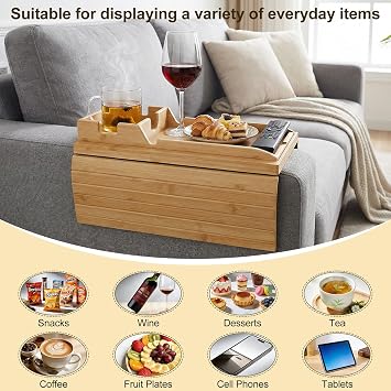 Bamboo Sofa Arm Tray, Foldable Table with Cup Holder and Remote Caddy