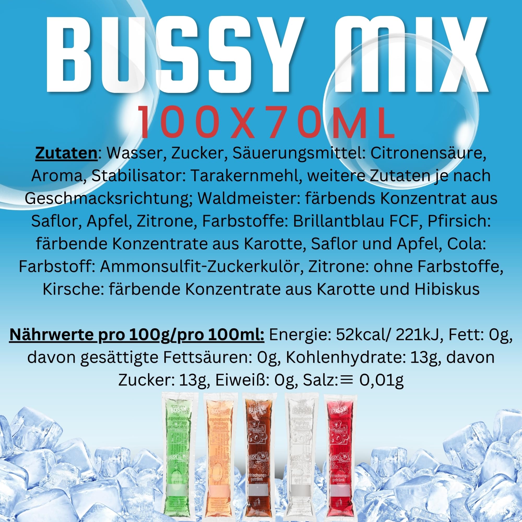 Bussy Mix 100x 70ml Schleck-Drinks Wassereis zum Einfrieren verschiedene Sorten Party Eis für Kinder Sommer