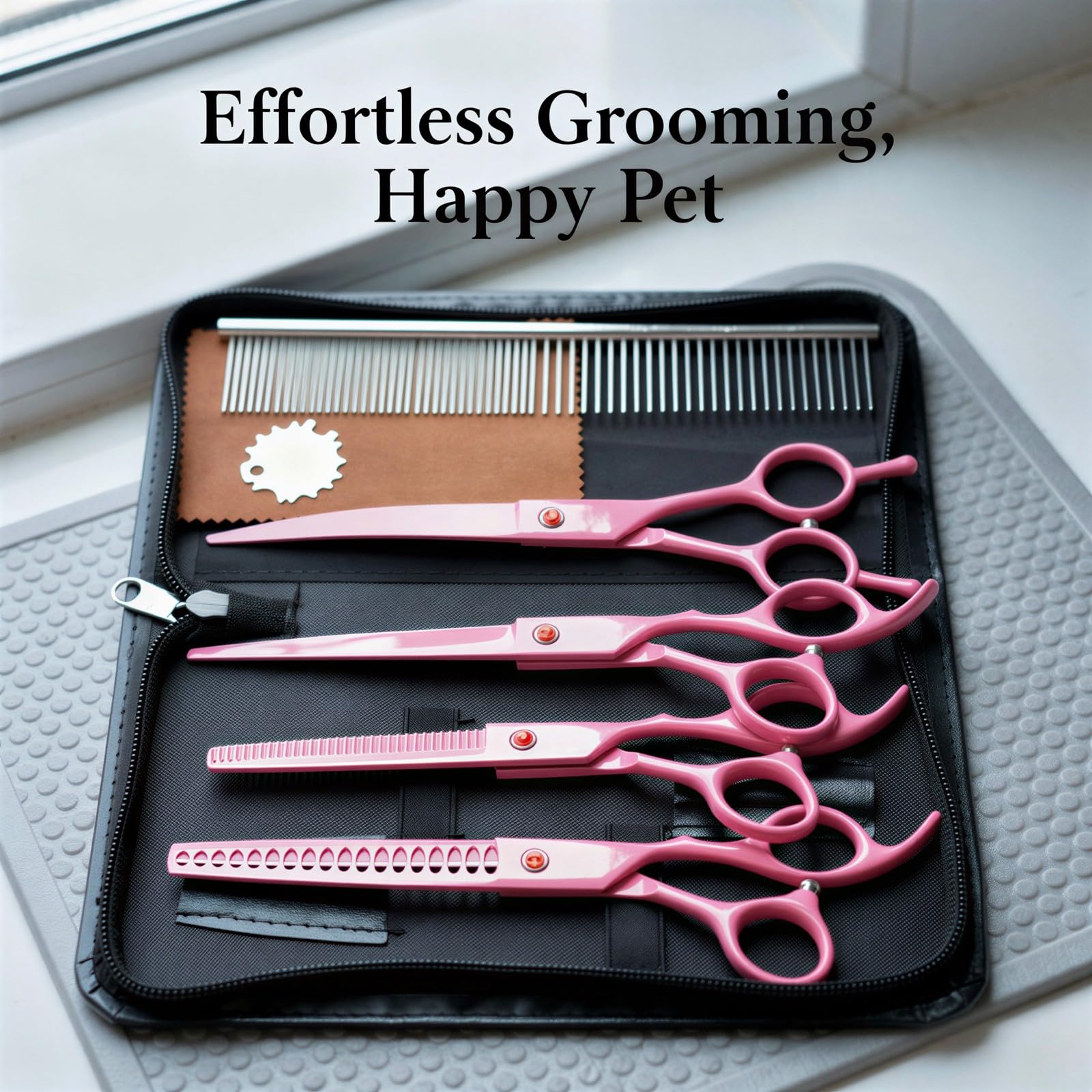 8 TLG. Tierpflege Scheren Set, rosa, 17,8 cm Edelstahl gerade Schere, Effilierschere und Gebogene Schere mit Hundekamm, ergonomische Fellschere für Katzen und Hunde, für präzises Trimmen