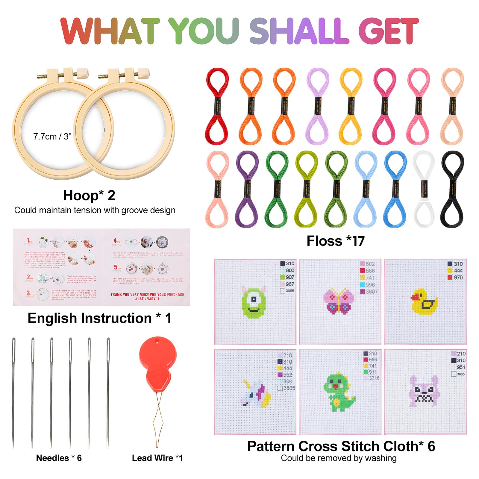 Ysimple Embroidery Kits Cross Stitch Beginner Kit Includes 6 Project Patterned and 2pcs Embroidery Hoops, 18 Skeins - Image 2