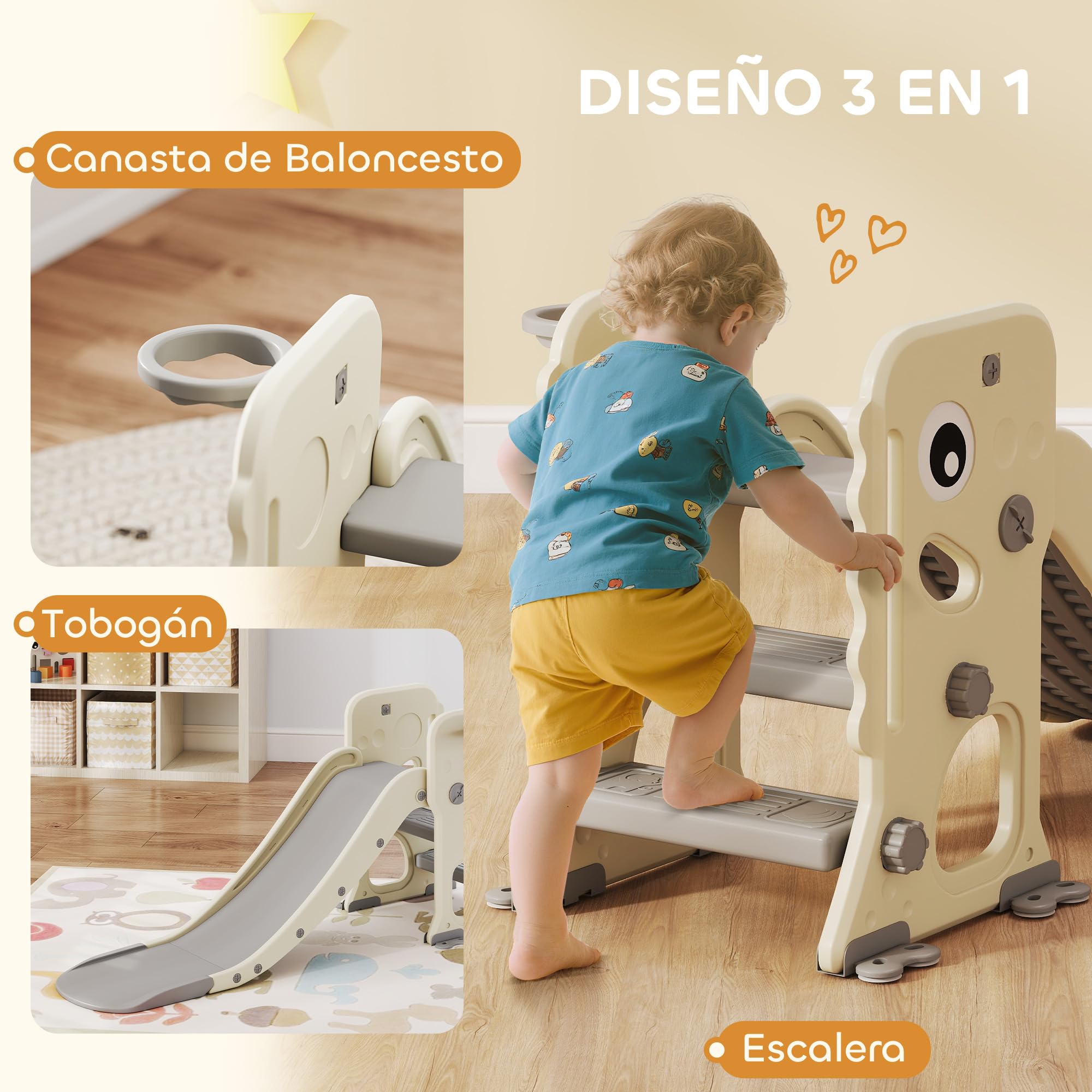 AIYAPLAY Tobogán Infantil 3 en 1 Tobogán para Niños de 2 a 5 Años Plegable con Escalera Canasta de Baloncesto Diseño de Dinosaurio y Hebillas Reforzadas para Interior 146x52x65 cm Blanco Crema
