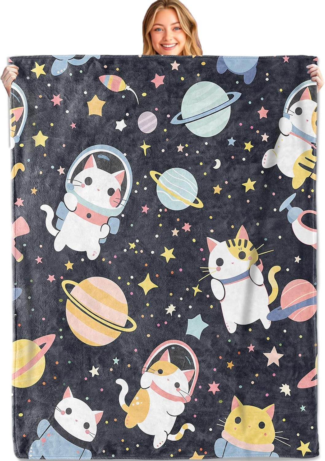 Space Cat Throw Blanket, 50x60in, Soft, Lightweight Flannel, Cute Astronaut Kitten with Planet and Star on Dark Sky Blankets, Gifts for Kids, for Home Living Room Decor