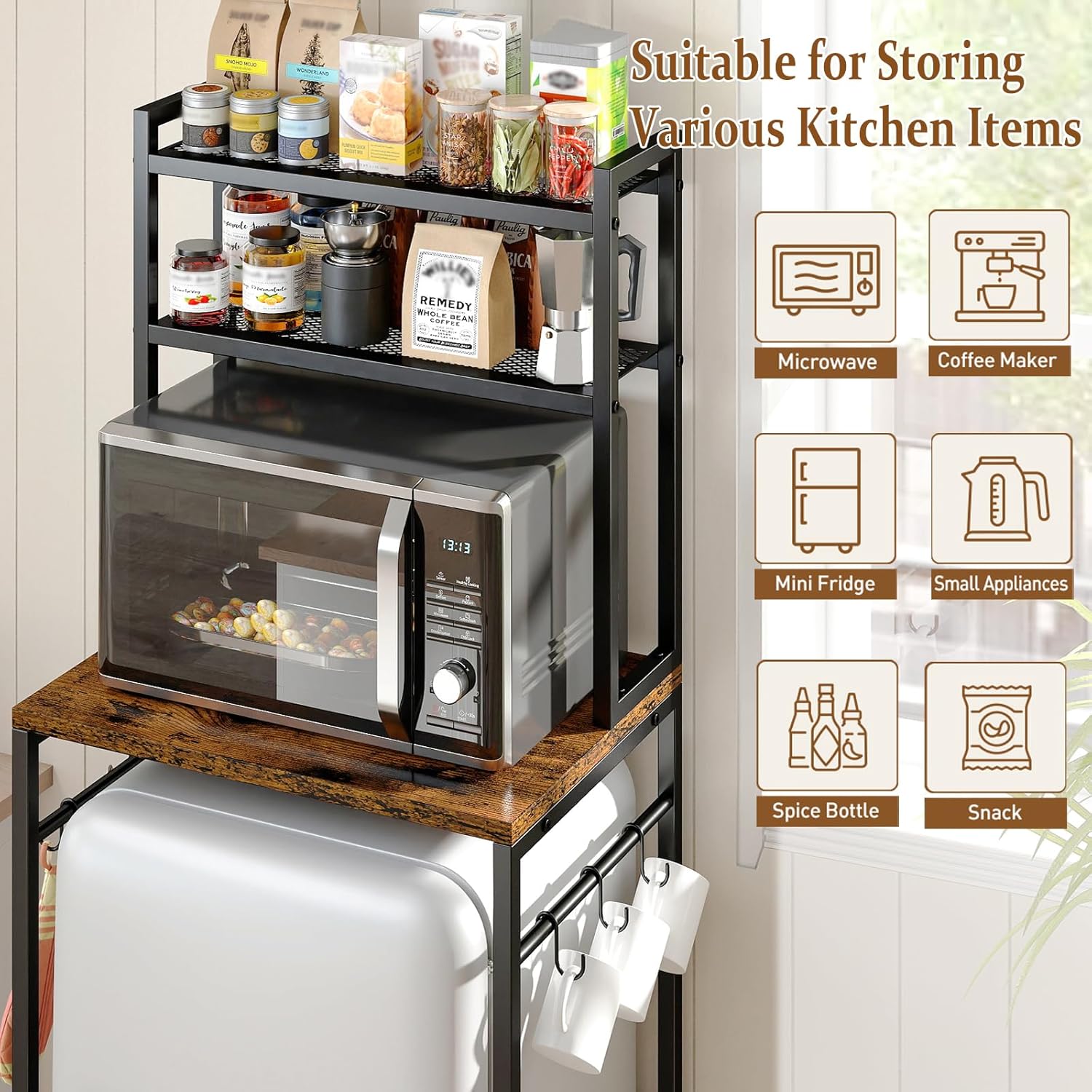Mini Fridge Stand with Storage Shelves, 3-Tier Mini Fridge Cabinet, Brown image 3