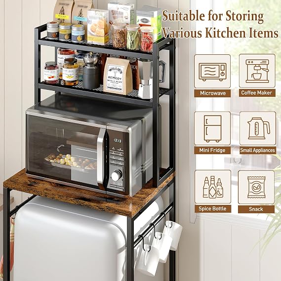 Mini Fridge Stand with Storage Shelves, 3-Tier Mini Fridge Cabinet, Brown | Microwave Organizer Shelf & Bakers Rack, Wood Utility Rack with Mini Fridge Storage Space for Home Kitchen, Dorm, Office